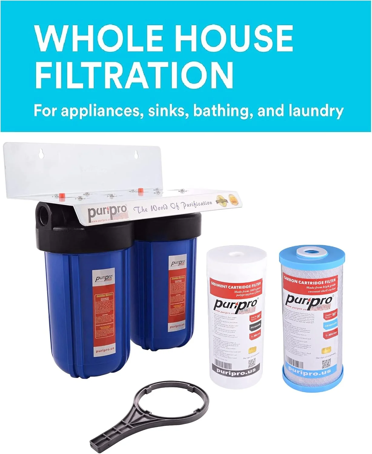 محفظه سیستم فیلتراسیون آب کل خانه پوری پرو جامبو با اتصال 1 اینچی و آچار (10 اینچ در 4.5 اینچ، دوبل، بیگ بلو) محفظه سیستم فیلتراسیون آب کل خانه پوری پرو جامبو با اتصال 1 اینچی و آچار (10 اینچ در 4.5 اینچ، دوبل، بیگ بلو)