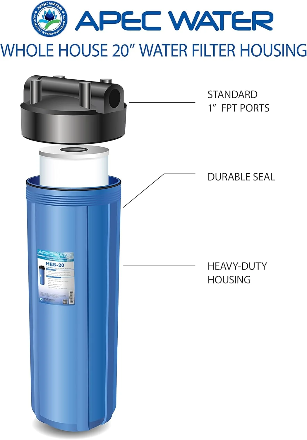 محفظه فیلتر آب بزرگ آبی 20 اینچی APEC Water Systems HBB-20 با ورودی/خروجی 1 اینچی