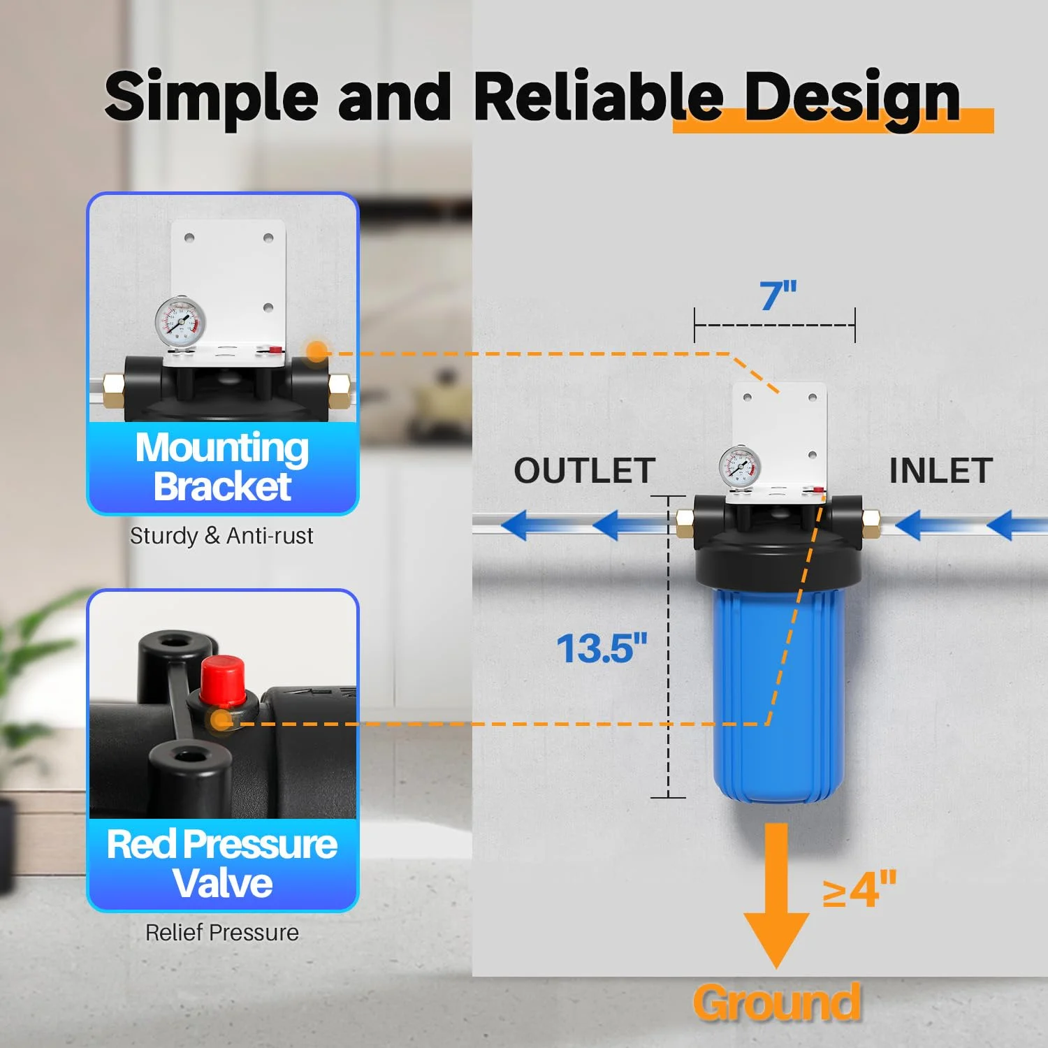 محفظه فیلتر آب کل خانه PUREPLUS، محفظه جهانی کارتریج رسوب 10"x4.5"، سیستم پیش تصفیه، پورت 1" NPT