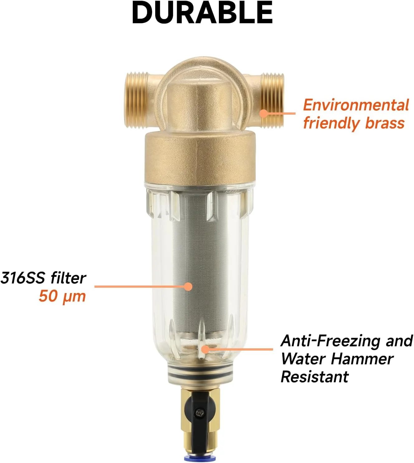 فیلتر رسوب گیر چرخشی قابل نصب 360 درجه Roastove، پیش فیلتر برای کل خانه، شامل دو اتصالات فشاری 3/4 اینچی، دارای درجه 50 میکرون، به همراه یک المنت فیلتر 100 میکرونی اضافی