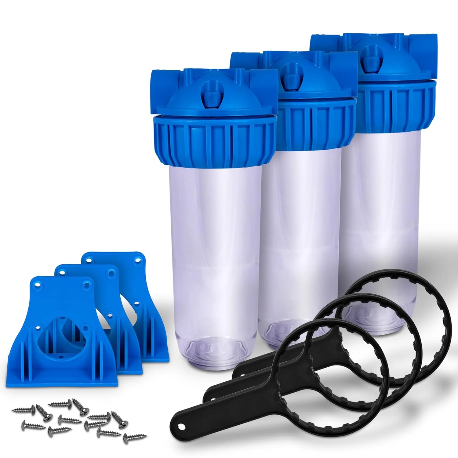 محفظه استاندارد شفاف 10 اینچی Ronaqua برای سیستم فیلتراسیون آب کل خانه، پورت برنجی 3/4 اینچی، شامل سخت افزار نصب!