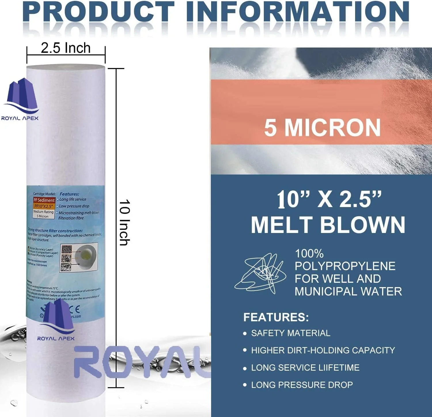 کارتریج های جایگزین فیلتر آب Royal Apex، کارتریج های جهانی اسفنجی پنبه ای پلی پروپیلن 10 اینچی، رسوب نخ پیش فیلتر استاندارد برای سیستم های RO استاندارد (بسته 10 عددی، اسفنجی 10 اینچی (70 گرم))