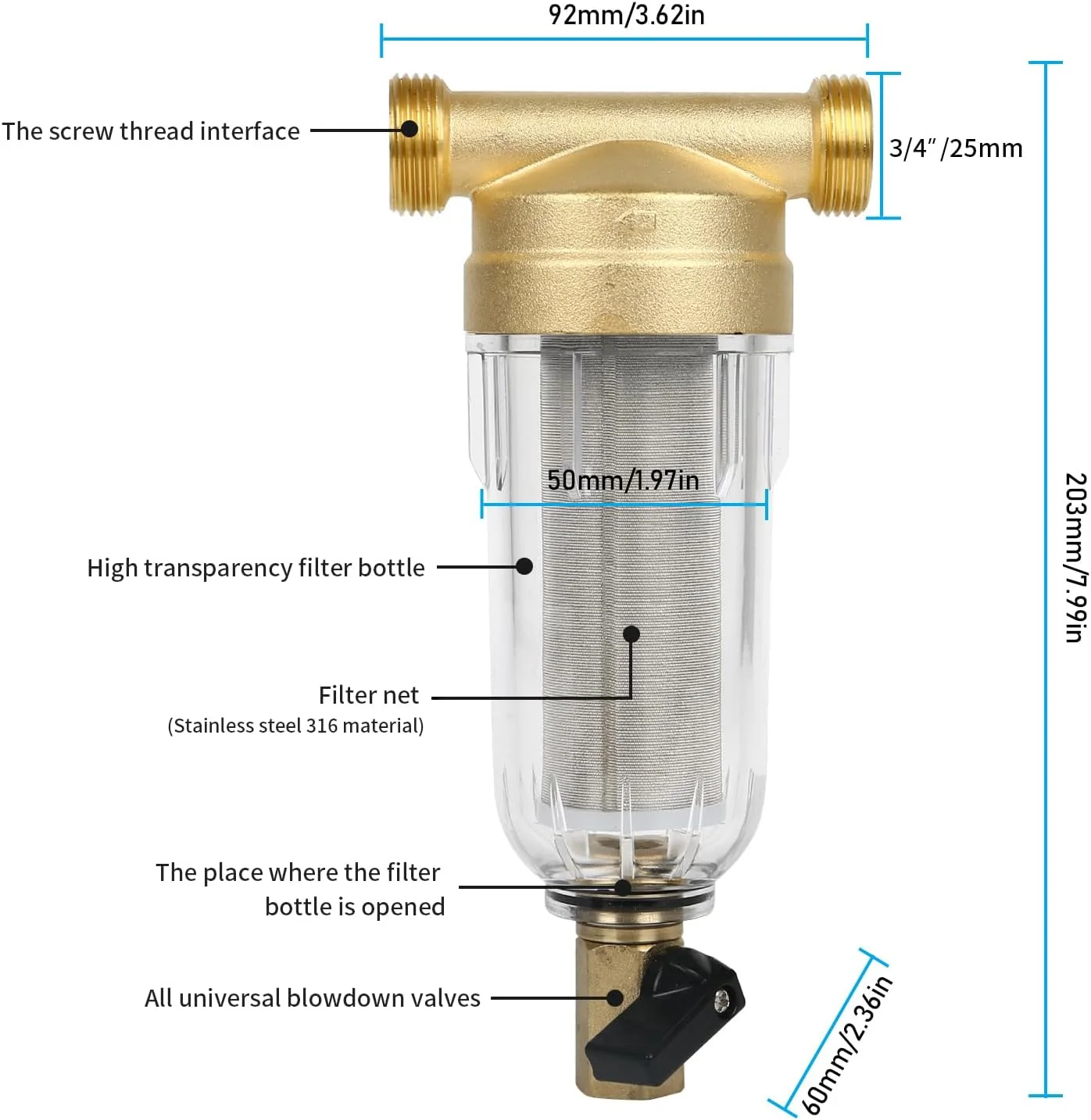 فیلتر رسوب گیر چرخشی کل خانه، فیلتر پیش تصفیه 100 میکرون، سیستم پیش فیلتر قابل استفاده مجدد برای آشپزخانه، حمام (3/4 اینچ)