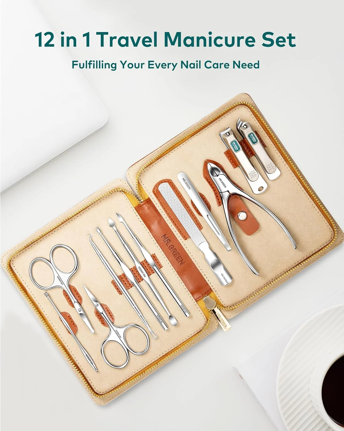 ست مانیکور MR.GREEN، ست های پدیکور، ست های ناخن گیر، کیت های حرفه ای کاتر ناخن استیل ضد زنگ با کیف مسافرتی (12 تکه) ست مانیکور MR.GREEN، ست های پدیکور، ست های ناخن گیر، کیت های حرفه ای کاتر ناخن استیل ضد زنگ با کیف مسافرتی (12 تکه)
