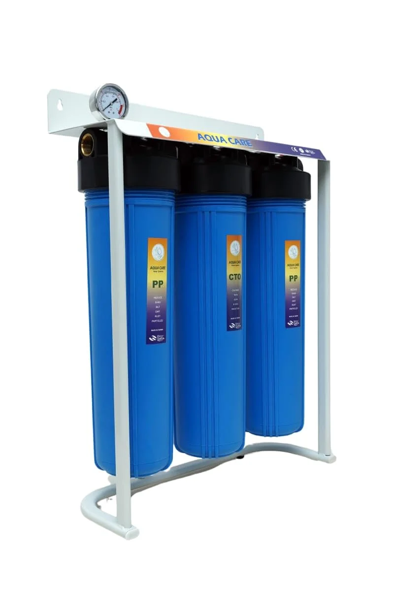 سیستم تصفیه آب سه مرحله ای کل خانه آکوا کر - رسوب، کربن، نخ - شامل گیج های فشار و موارد دیگر سیستم تصفیه آب سه مرحله ای کل خانه آکوا کر - رسوب، کربن، نخ - شامل گیج های فشار و موارد دیگر