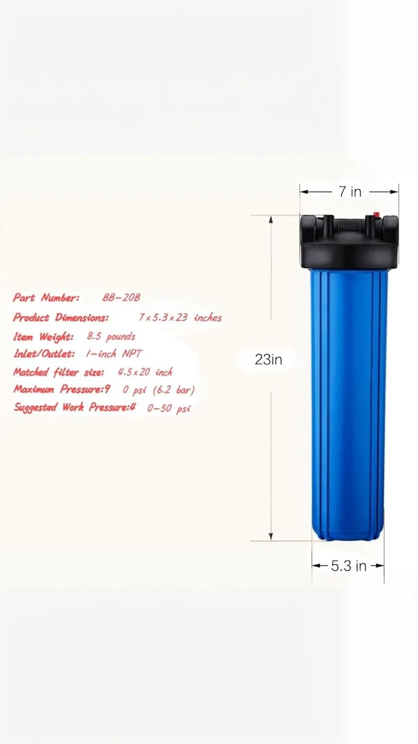 محفظه فیلتر آب کل خانه 20 اینچی Sweet seven - پورت برنجی 1 اینچی NPT، رنگ آبی، سازگار با فیلترهای 5.4x20 اینچی