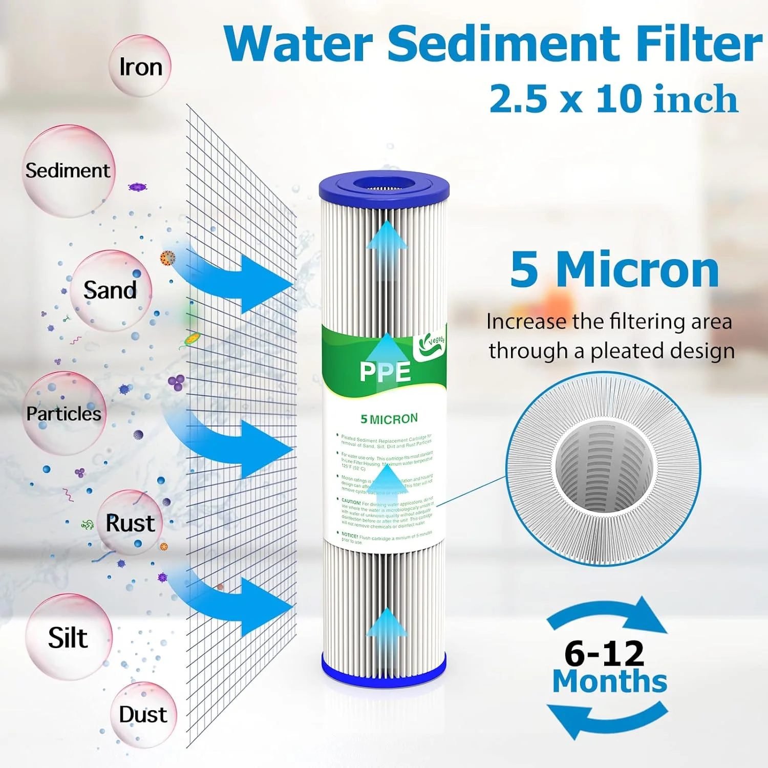 فیلتر آب 5 میکرون VEGEBE، 10 اینچ در 2.5 اینچ، پیش فیلتر رسوب گیر 10 اینچی برای آب شهری و چاه، کارتریج جایگزین برای FXWPC، EQ-PFC35، ECP5-10، S1، 3WH-STDPL-F02، SPC-25-1005، بسته 6 عددی