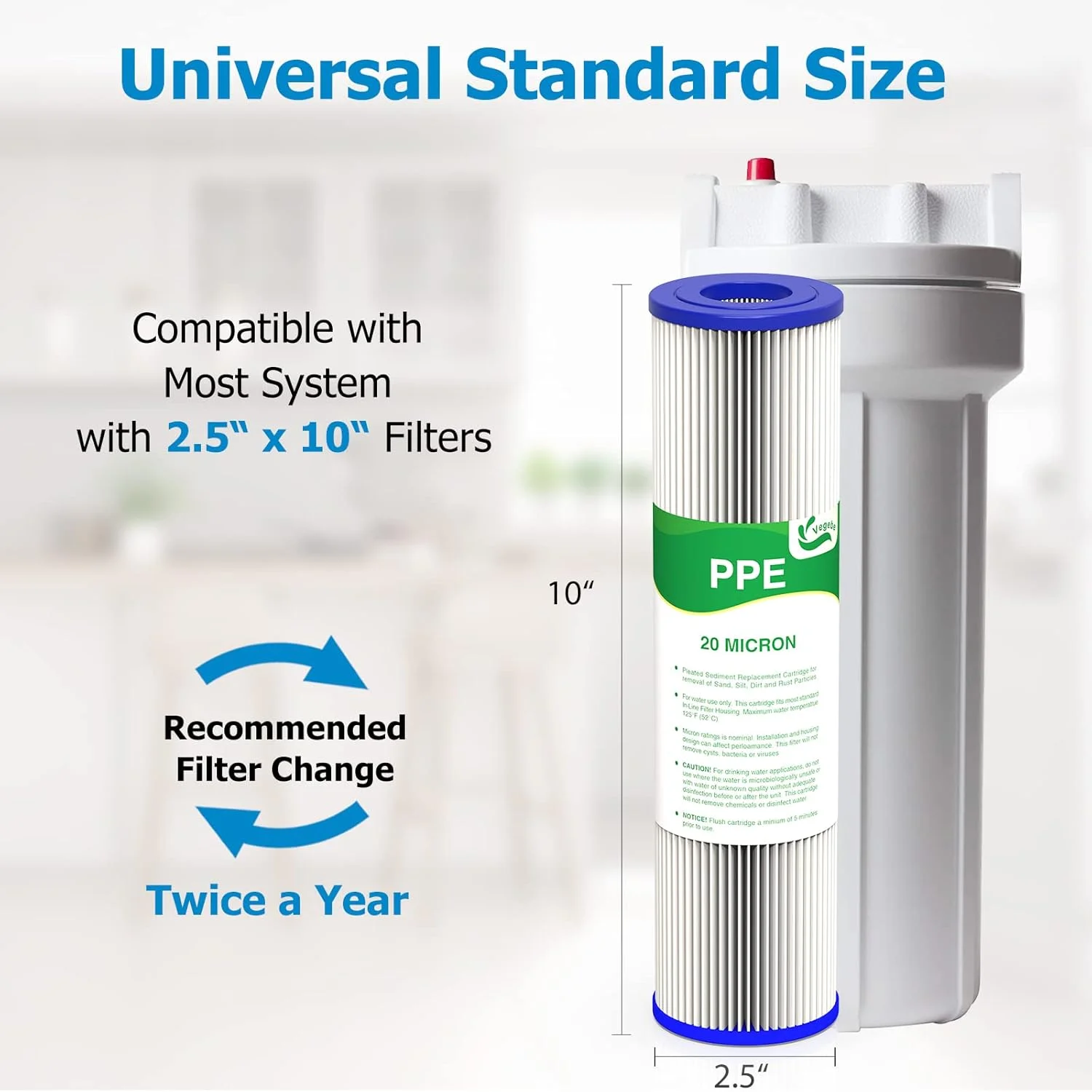 فیلتر آب 20 میکرون VEGEBE، 10 اینچ در 2.5 اینچ، پیش فیلتر رسوب گیر کل خانه 10 اینچی برای آب چاه و لوله کشی، کارتریج جایگزین برای FXWPC, EQ-PFC35, ECP5-10, S1, 3WH-STDPL-F02, SPC-25-1005، بسته 6 عددی