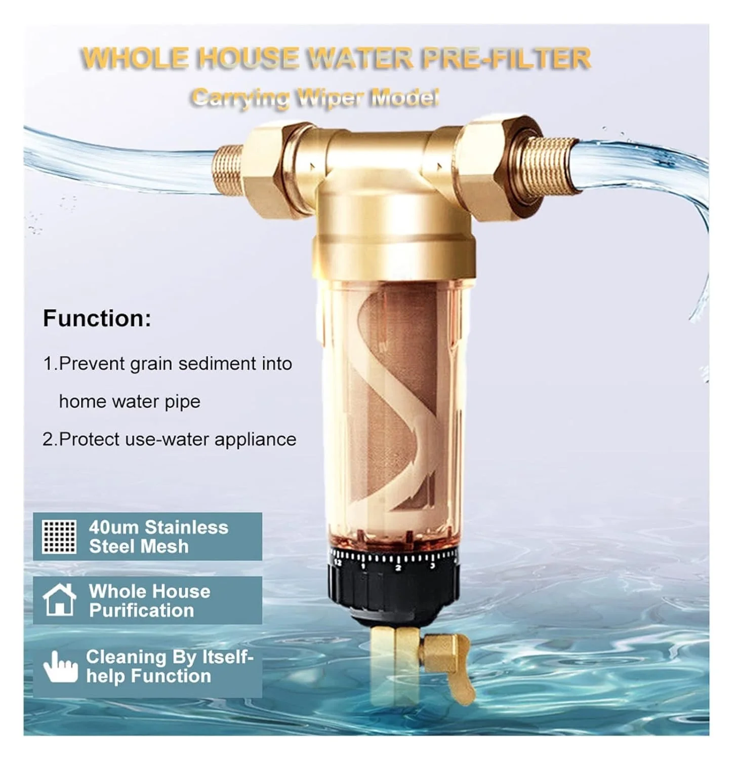 سیستم فیلتر آب JFKJKJW، پیش فیلتر چرخشی کل خانه، سیستم تصفیه آب رسوبی مرکزی، شستشوی معکوس استیل ضد زنگ چند منظوره (0.75 اینچ)