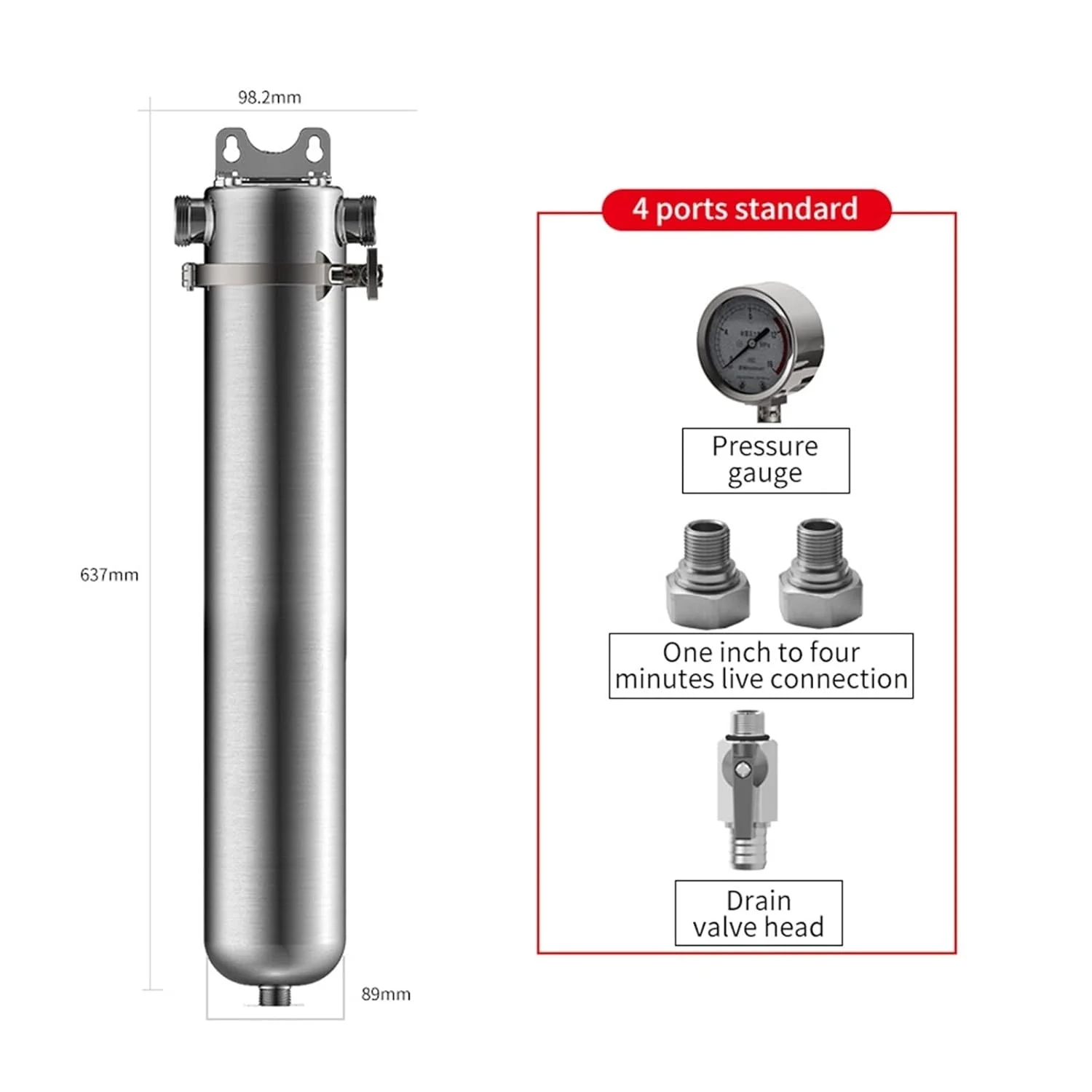 سیستم فیلتر آب JHQWIDD پیش فیلتر فولاد ضد زنگ 304 کل خانه جریان بزرگ گیره تصفیه کننده آب شیر تجاری خانگی چند منظوره (لوله 4 نقطه)
