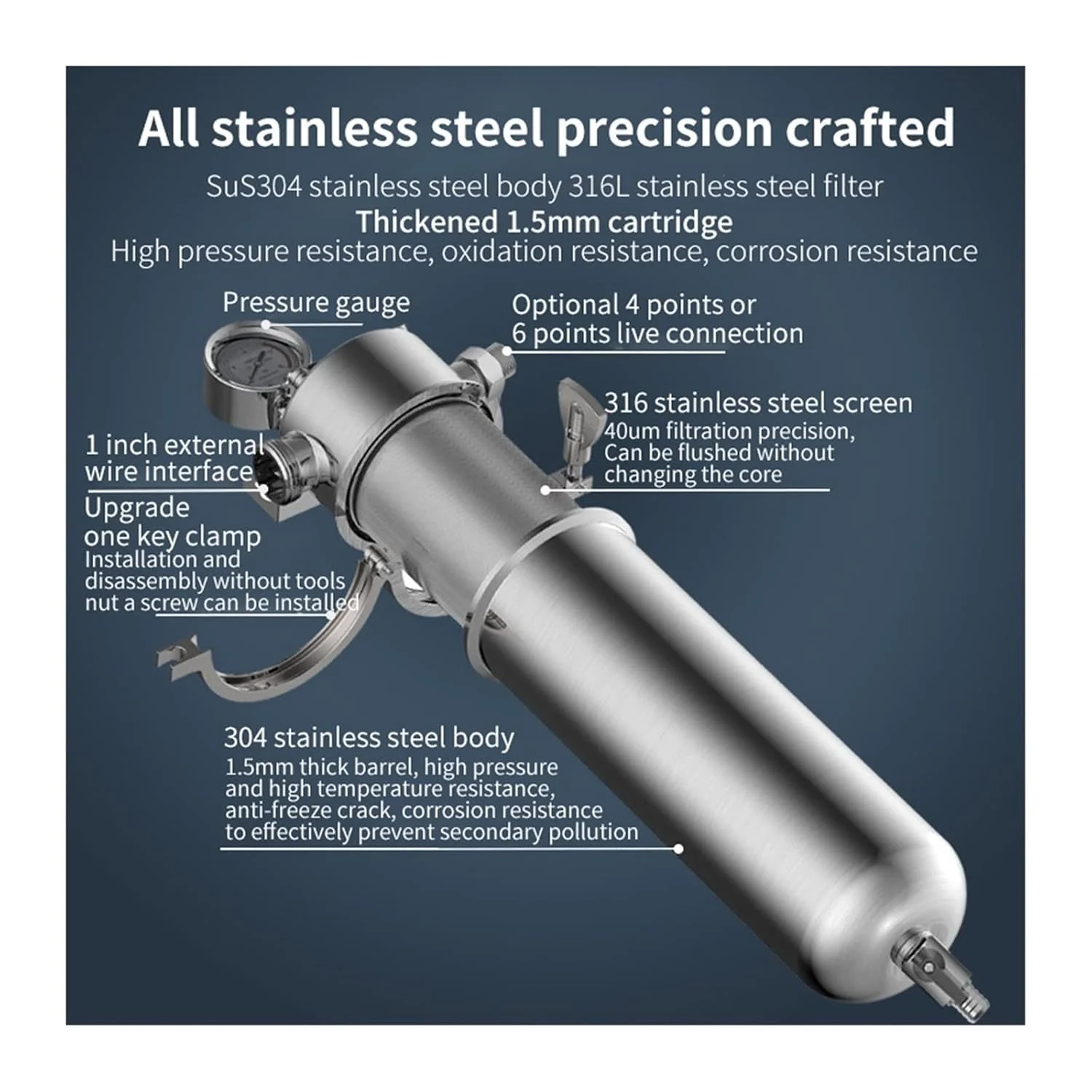 سیستم فیلتر آب JHQWIDD پیش فیلتر فولاد ضد زنگ 304 کل خانه جریان بزرگ گیره تصفیه کننده آب شیر تجاری خانگی چند منظوره (لوله 4 نقطه)