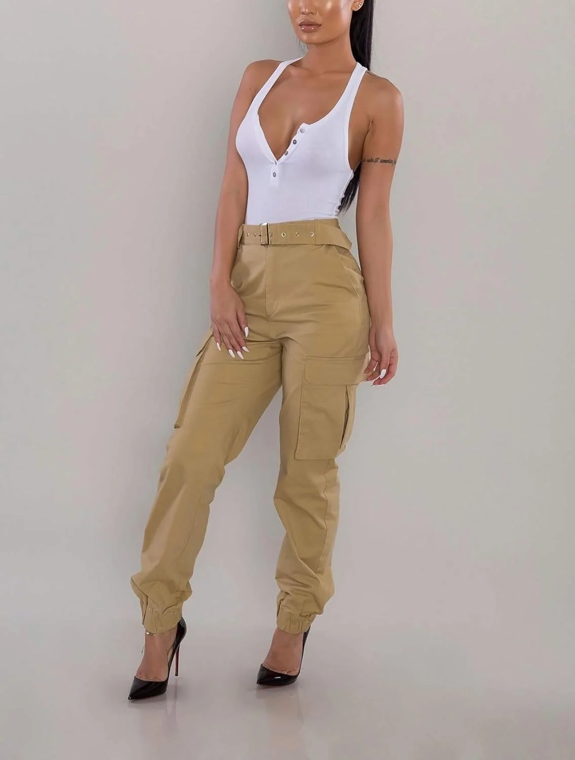 BSFASF شلوار کارگو زنانه، مدل ارتشی، هیپ هاپ، شلوار غیر رسمی کمر بلند با جیب (خاکی، M)