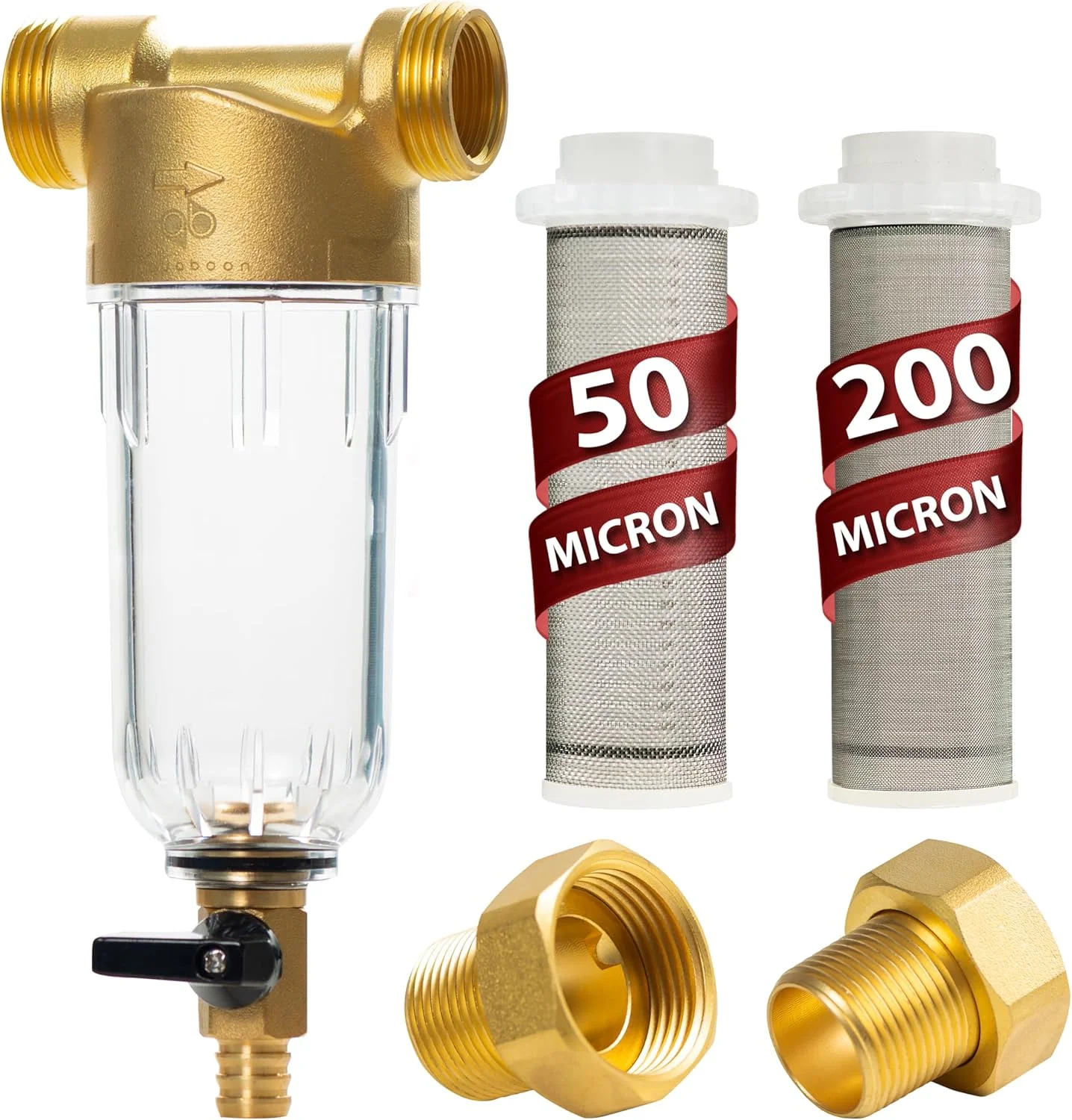 فیلتر رسوب گیر آکوابون برای سیستم فیلتر آب چاه - فیلترهای رسوب گیر چرخشی - پیش فیلتر 50 و 200 میکرون - فیلتر چرخشی قابل استفاده مجدد و شستشو 1 اینچ MNPT+3/4 اینچ FNPT برای ماشین لباسشویی (1 عدد)