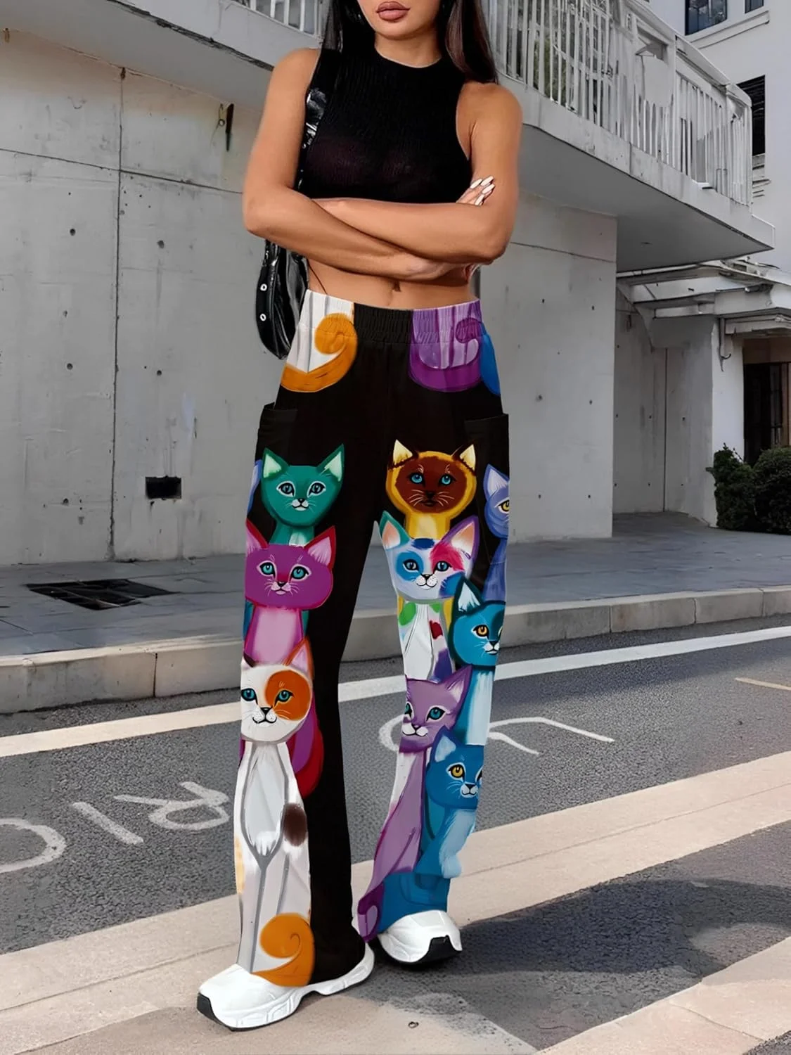 شلوار زنانه طرح گربه رنگارنگ با پاچه گشاد و جیب، مناسب برای استراحت و استفاده روزمره در تابستان شلوار زنانه طرح گربه رنگارنگ با پاچه گشاد و جیب، مناسب برای استراحت و استفاده روزمره در تابستان