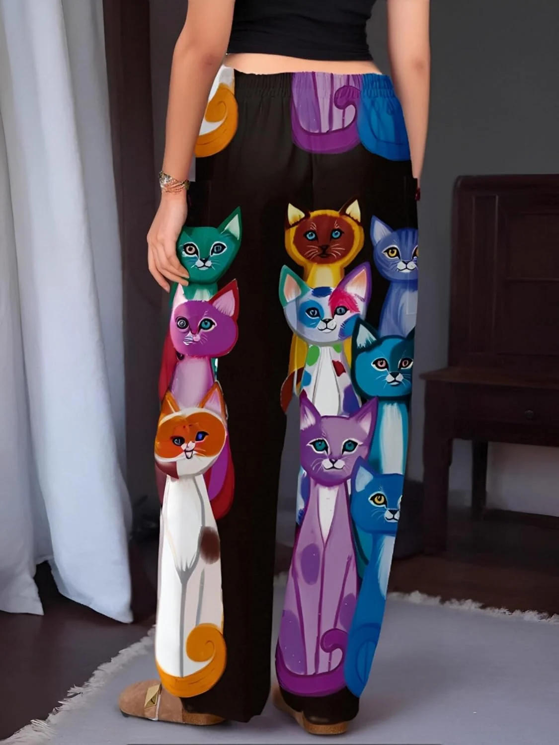شلوار زنانه طرح گربه رنگارنگ با پاچه گشاد و جیب، مناسب برای استراحت و استفاده روزمره در تابستان شلوار زنانه طرح گربه رنگارنگ با پاچه گشاد و جیب، مناسب برای استراحت و استفاده روزمره در تابستان