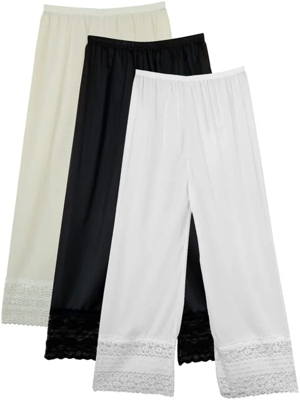 ست 3 عددی شلوار زنانه بلند و نرم، جنس ابریشم و پلی استر با کمر کشی و تزیین گیپور ست 3 عددی شلوار زنانه بلند و نرم، جنس ابریشم و پلی استر با کمر کشی و تزیین گیپور