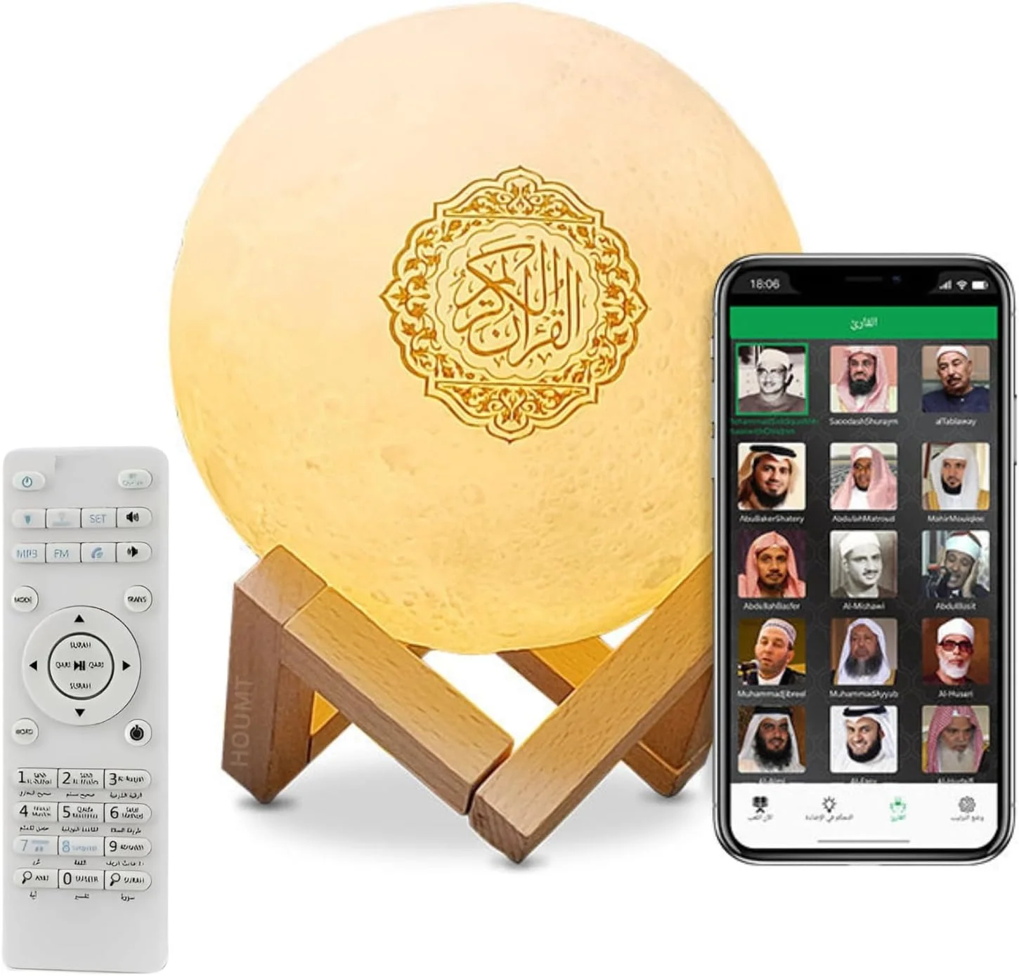 چراغ ماه هوشمند با بلندگوی قرآن - چراغ ماه سه بعدی اسلامی قابل حمل با پایه، چراغ خواب LED با 7 رنگ، کنترل از راه دور بلوتوث