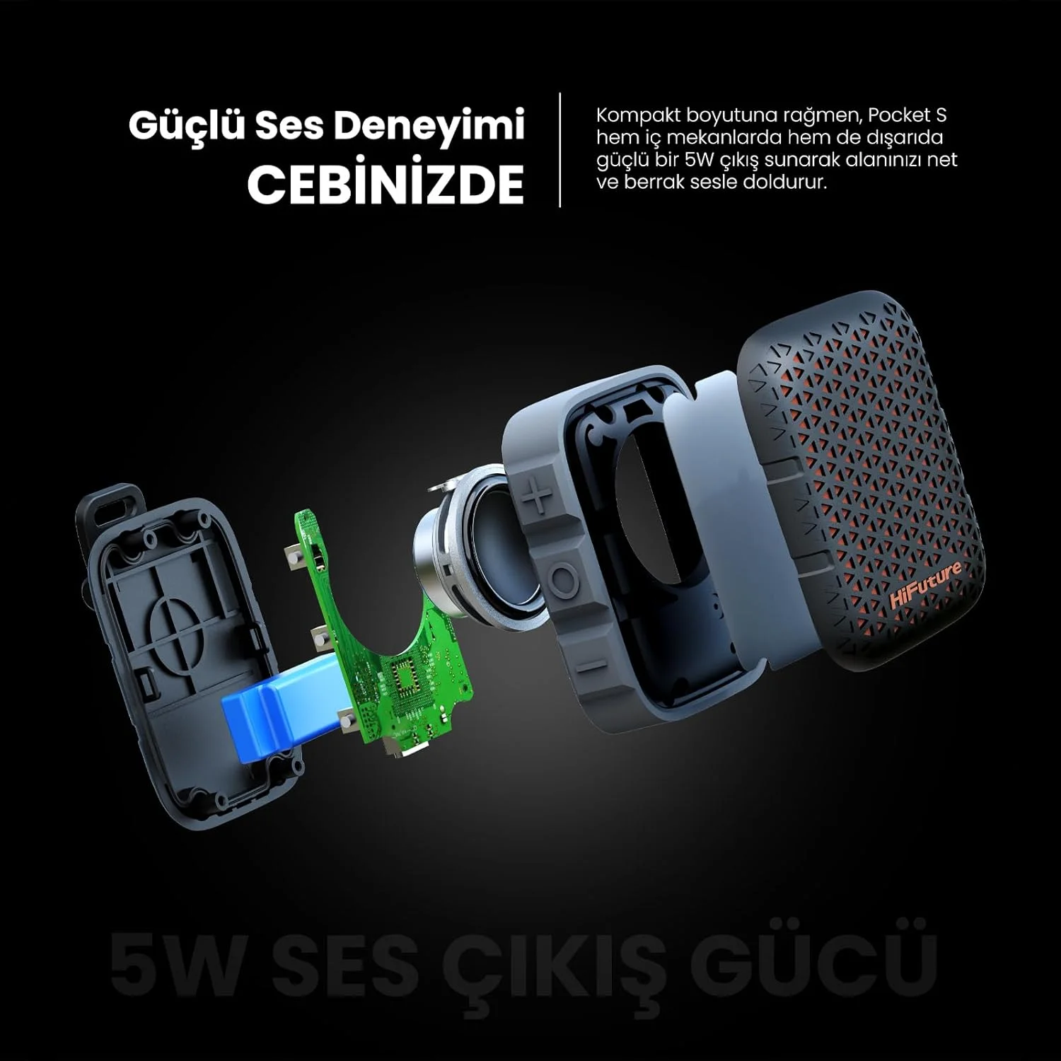 اسپیکر مینی قابل حمل و پوشیدنی HiFuture Pocket S، 8 ساعت پخش، ظاهر عالی، گیره مغناطیسی، ضد آب IPX7، وزن سبک 77 گرم، شارژ Type-C - مشکی