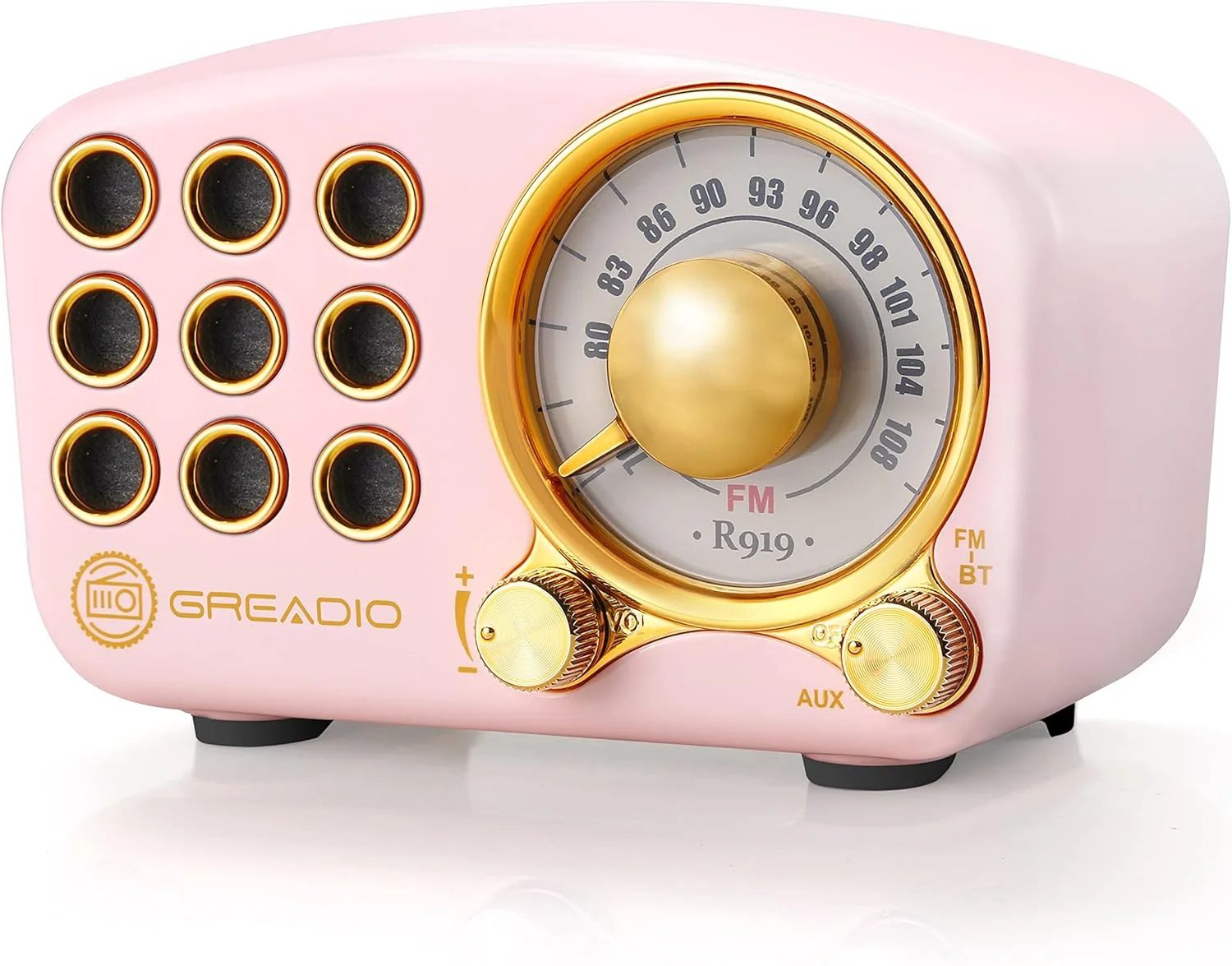 رادیو اسپیکر بلوتوثی قابل حمل صورتی GREADIO با طراحی رترو، FM، توان 5 وات، 9 ساعت پخش
