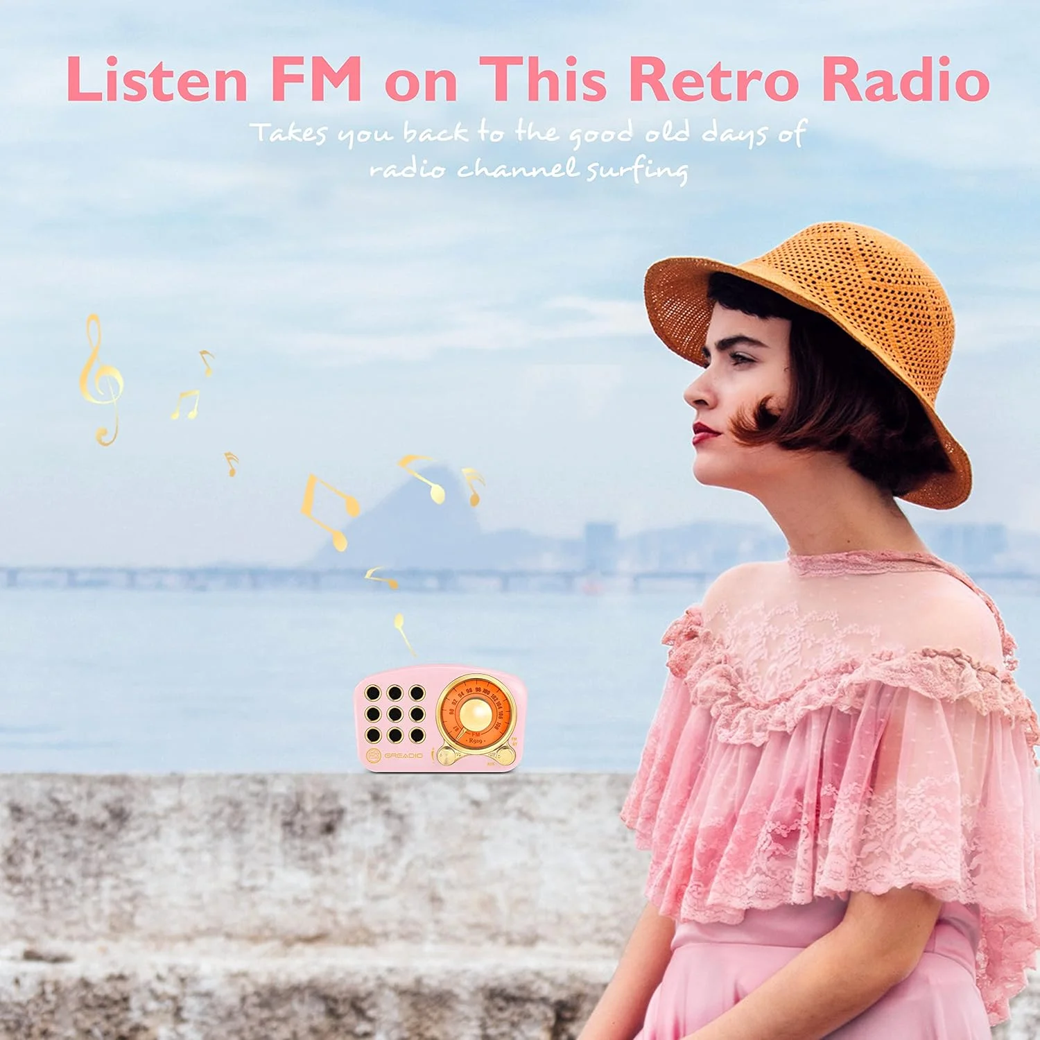 رادیو اسپیکر بلوتوثی قابل حمل صورتی GREADIO با طراحی رترو، FM، توان 5 وات، 9 ساعت پخش رادیو اسپیکر بلوتوثی قابل حمل صورتی GREADIO با طراحی رترو، FM، توان 5 وات، 9 ساعت پخش