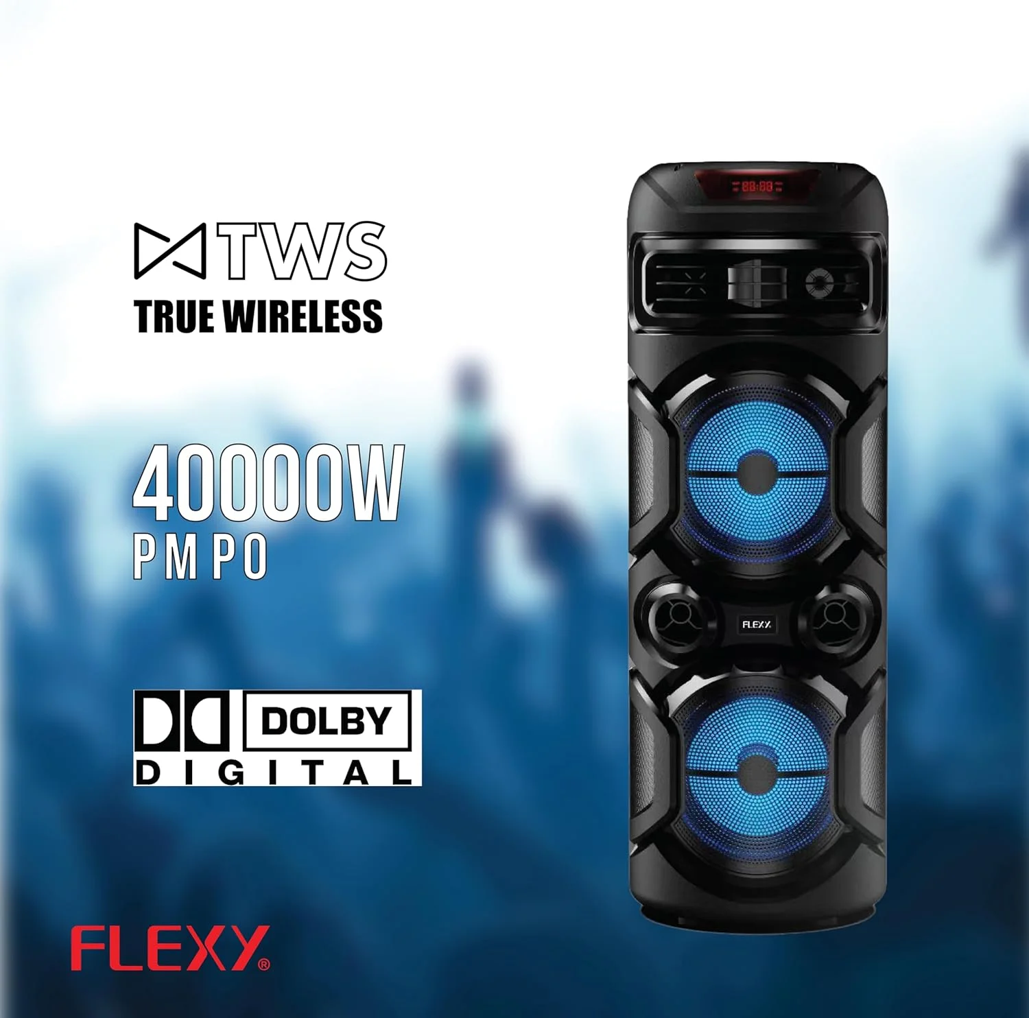 اسپیکر چرخدار قابل حمل 12 اینچی FLEXY® ThunderBeat - توان خروجی 40000 وات PMPO با میکروفون های بی سیم، بلوتوث، رادیو FM، کنترل از راه دور - سیستم PA فضای باز اسپیکر چرخدار قابل حمل 12 اینچی FLEXY® ThunderBeat - توان خروجی 40000 وات PMPO با میکروفون های بی سیم، بلوتوث، رادیو FM، کنترل از راه دور - سیستم PA فضای باز