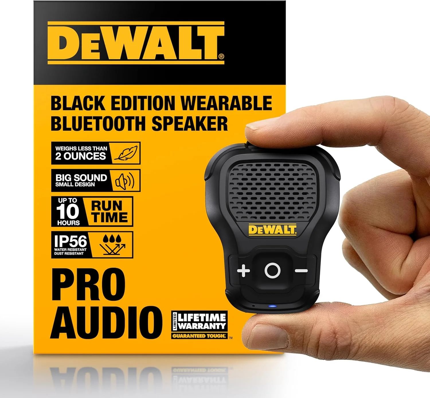 اسپیکر بلوتوثی پوشیدنی DEWALT [نسخه اونیکس - مشکی]، اسپیکر بی‌سیم گیره‌ای مقاوم در برابر آب مناسب محل کار، میکروفون برای موسیقی/تماس هندزفری، مینی اسپیکر بلوتوثی بی‌سیم