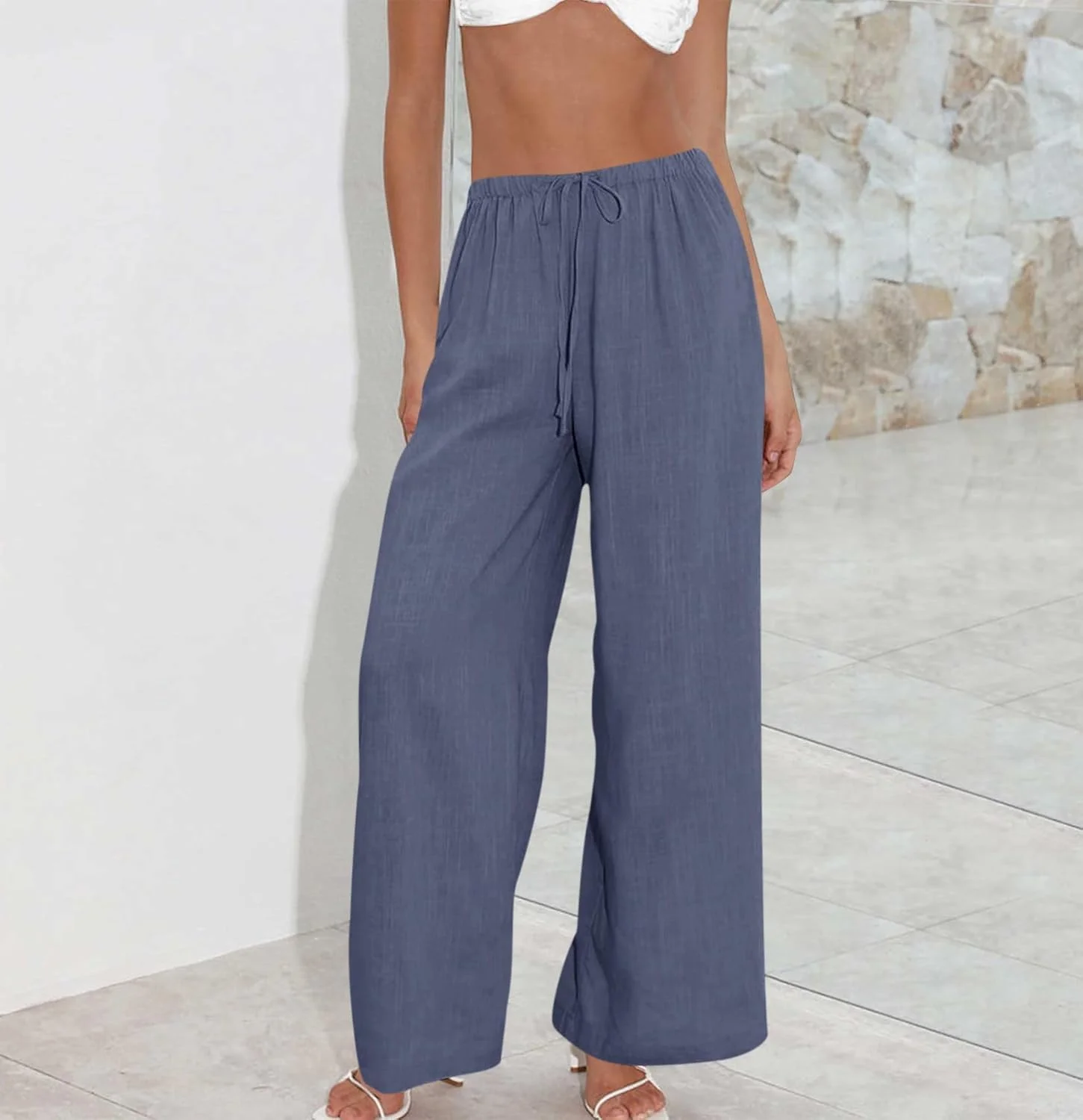 شلوار لینن نخی زنانه Cicy Bell - شلوار پالازو پا گشاد با کمر کشی و بند و جیب شلوار لینن نخی زنانه Cicy Bell - شلوار پالازو پا گشاد با کمر کشی و بند و جیب