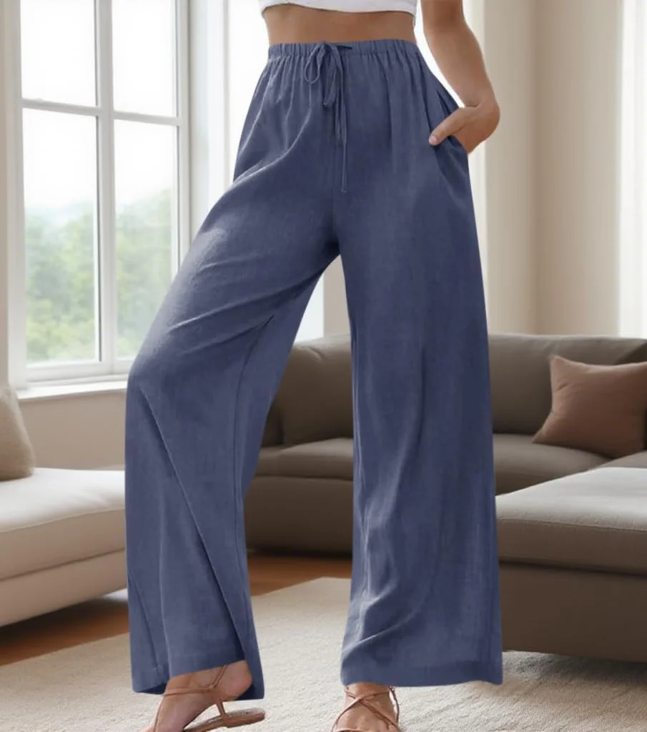 شلوار لینن نخی زنانه Cicy Bell - شلوار پالازو پا گشاد با کمر کشی و بند و جیب شلوار لینن نخی زنانه Cicy Bell - شلوار پالازو پا گشاد با کمر کشی و بند و جیب