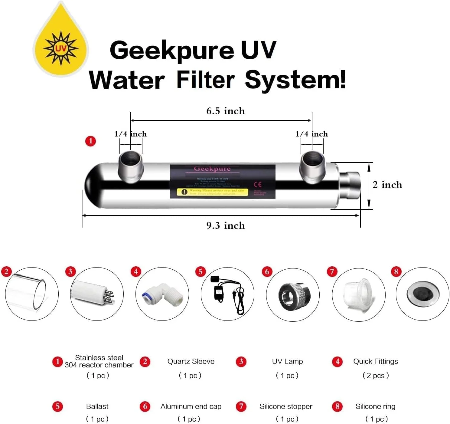 لامپ UV فیلتر آب 6 وات Geekpure برای ارتقاء سیستم فیلتراسیون اسمز معکوس (RO) (0.5-1 GPM)