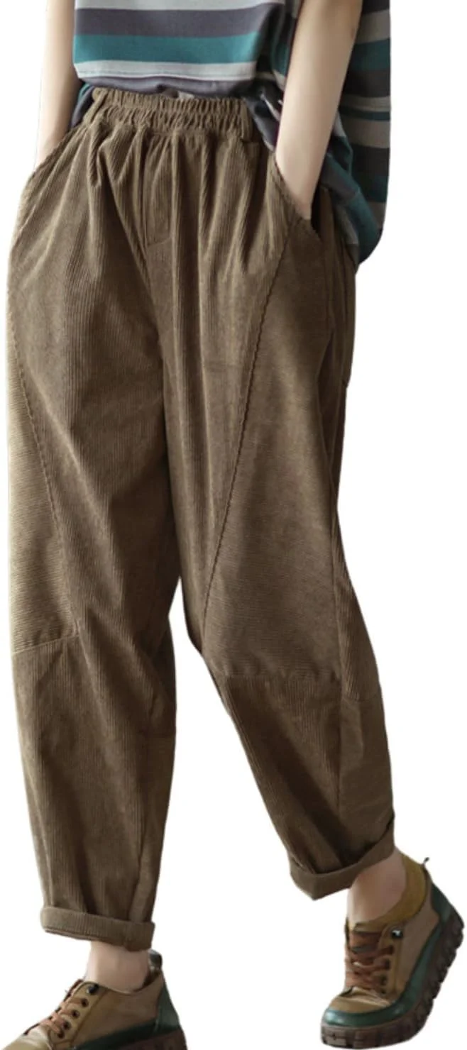 شلوار زنانه پاییزه و زمستانه چو یاتو، گشاد، مخملی کبریتی، کمر کشی، راسته با جیب، قهوه ای، XS شلوار زنانه پاییزه و زمستانه چو یاتو، گشاد، مخملی کبریتی، کمر کشی، راسته با جیب، قهوه ای، XS