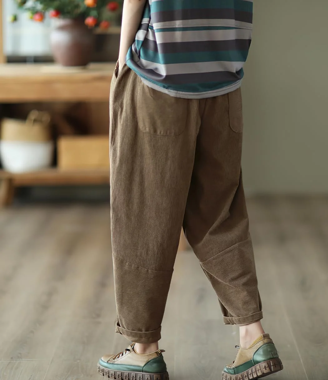 شلوار زنانه پاییزه و زمستانه چو یاتو، گشاد، مخملی کبریتی، کمر کشی، راسته با جیب، قهوه ای، XS شلوار زنانه پاییزه و زمستانه چو یاتو، گشاد، مخملی کبریتی، کمر کشی، راسته با جیب، قهوه ای، XS