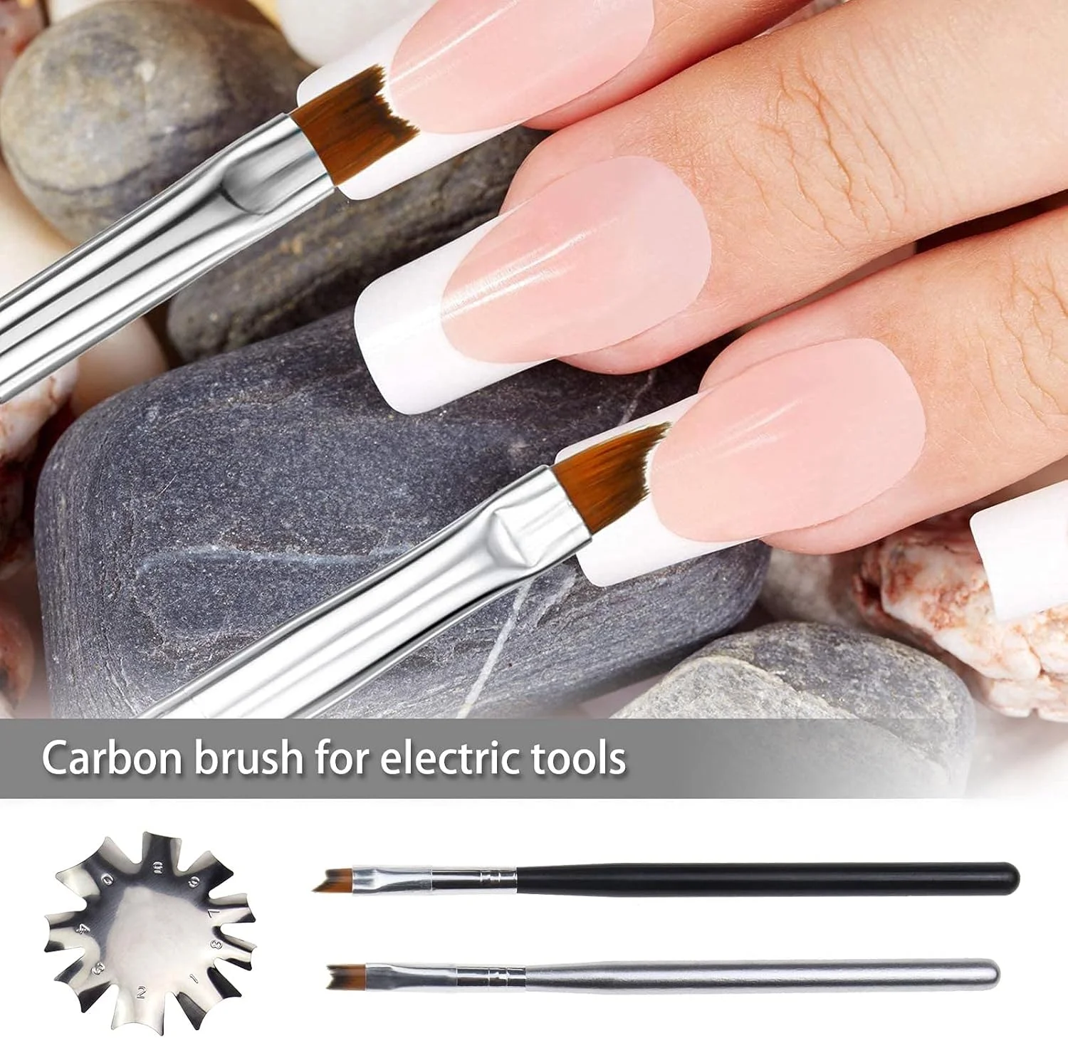 ایمگ تک 6 عدد ابزار برش خط لبخند فرانسوی نقره ای استیل ضد زنگ، قالب ابزار مانیکور با 2 عدد برس نوک ناخن فرانسوی برای هنر ناخن اکریلیک DIY