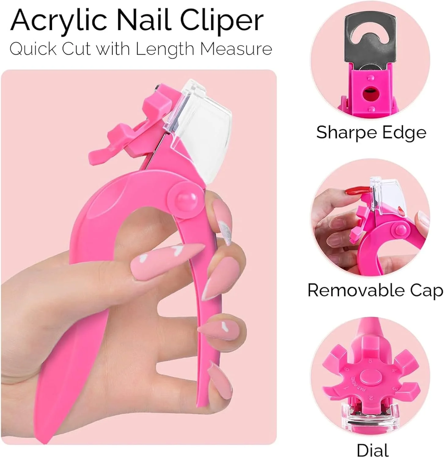 ناخن گیر برای ناخن های اکریلیک، ناخن گیر اکریلیک استیل ضد زنگ قابل تنظیم صورتی، ناخن گیر چرخشی حرفه ای برای نوک ناخن های مصنوعی، ابزار مانیکور سالن ناخن