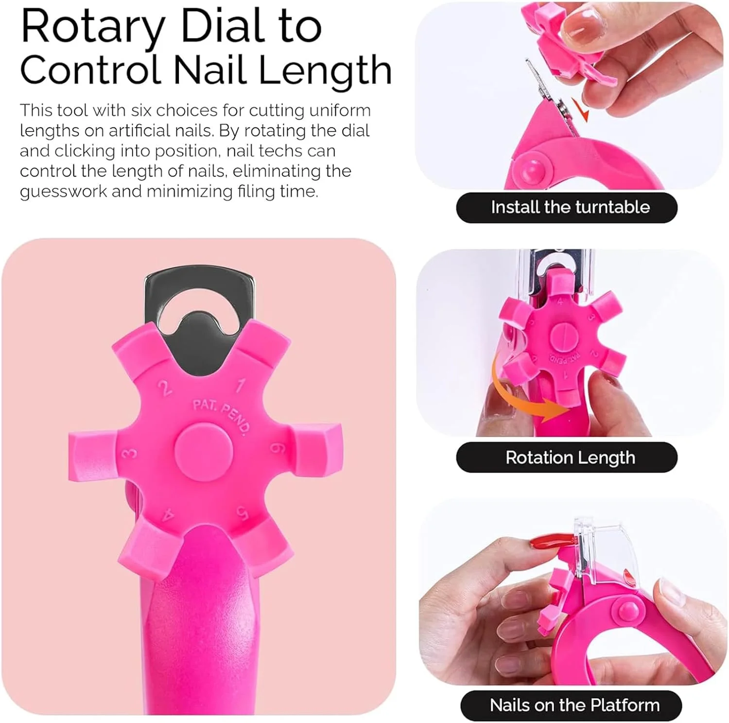 ناخن گیر برای ناخن های اکریلیک، ناخن گیر اکریلیک استیل ضد زنگ قابل تنظیم صورتی، ناخن گیر چرخشی حرفه ای برای نوک ناخن های مصنوعی، ابزار مانیکور سالن ناخن