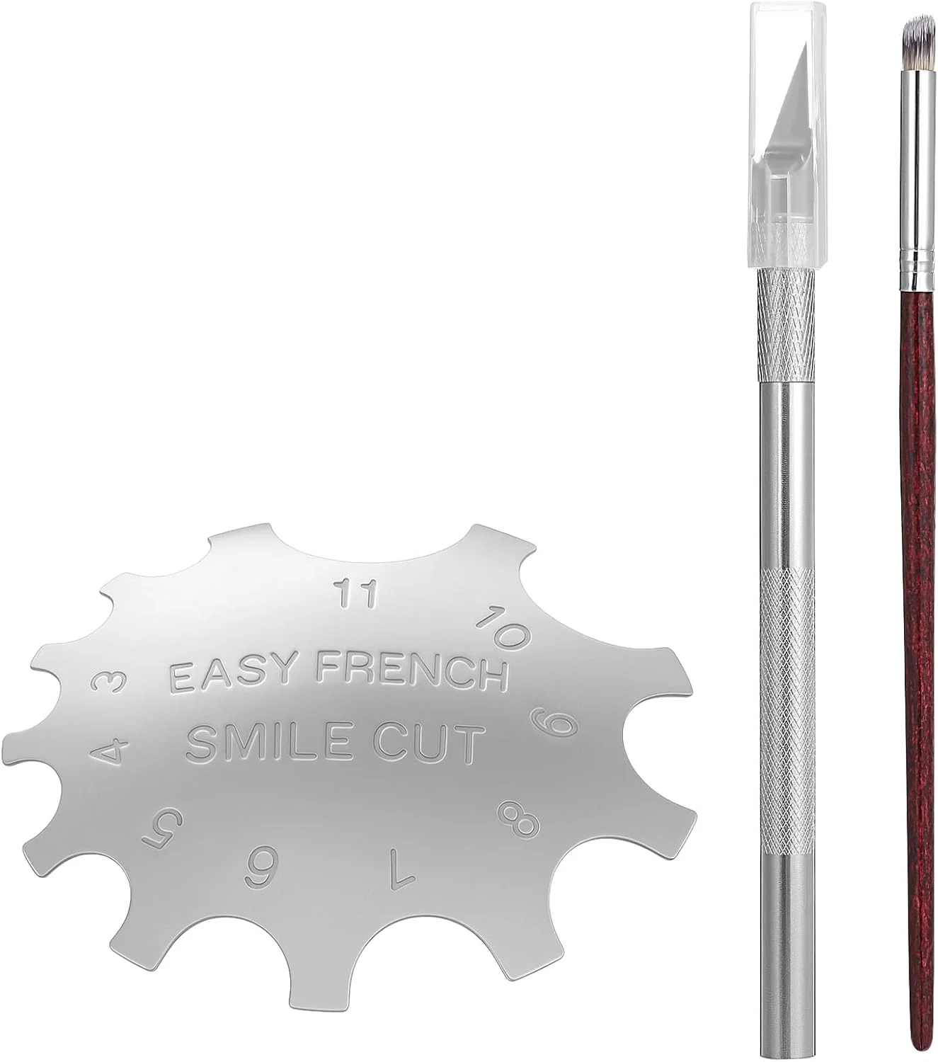 ست ابزار فرنچ ناخن 3 تکه شامل کاتر نوک فرنچ نقره ای، تریمر لبه مانیکور خط لبخند، برس طراحی ناخن و چاقوی برش نوک فرنچ با تیغه های یدکی