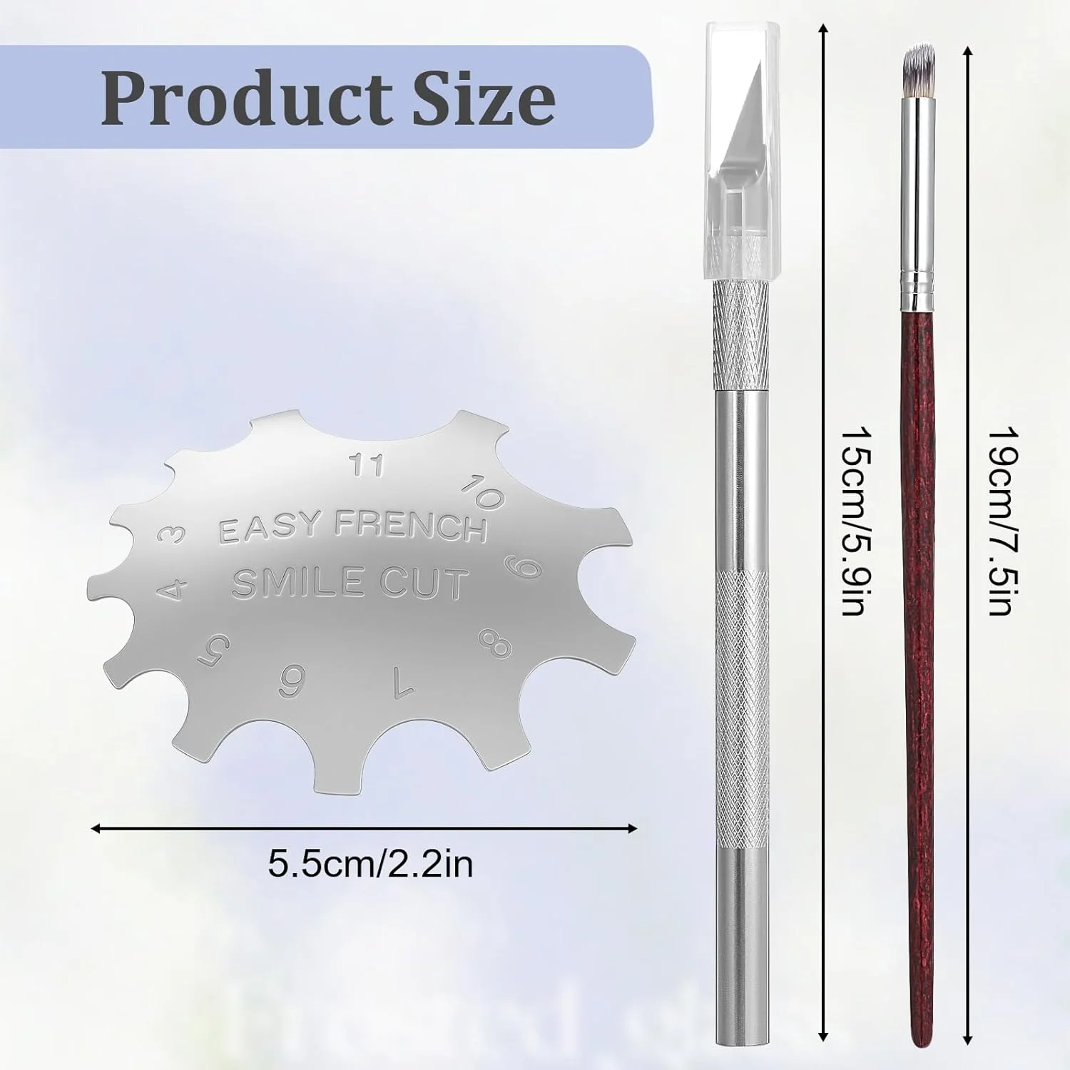 ست ابزار فرنچ ناخن 3 تکه شامل کاتر نوک فرنچ نقره ای، تریمر لبه مانیکور خط لبخند، برس طراحی ناخن و چاقوی برش نوک فرنچ با تیغه های یدکی