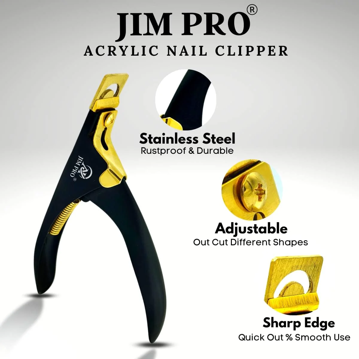 ناخن گیر اکریلیک حرفه ای JIM PRO برای ناخن های اکریلیک، ابزار مانیکور ناخن گیر مشکی/طلایی برای طراحی ناخن در خانه و سالن