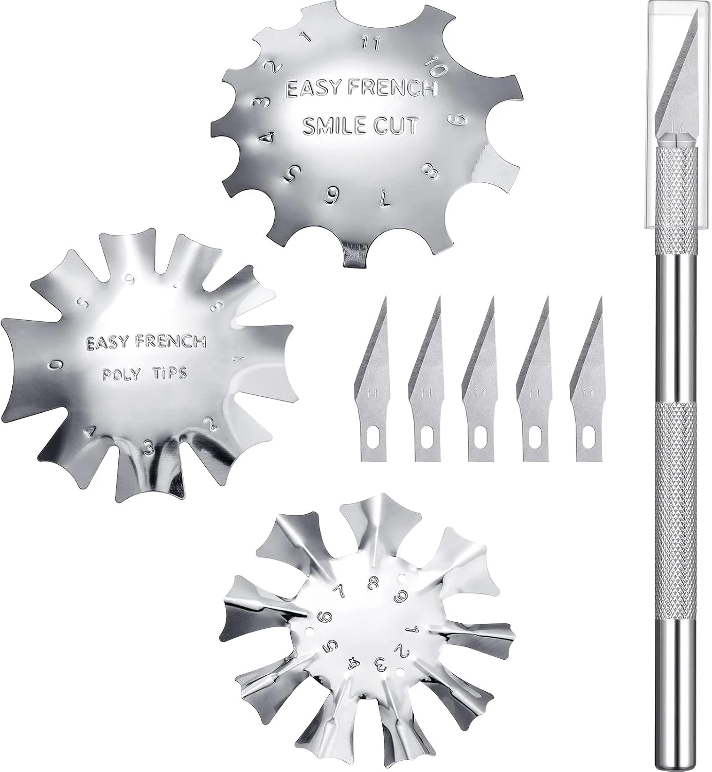 مایتیس 3 تکه ابزار طراحی ناخن فرانسوی، برش خط لبخند، استیل ضد زنگ، قالب طراحی ناخن فرانسوی با دسته، چاقوی برش ناخن فرانسوی، 5 تیغه یدکی برای ناخن (نقره ای)