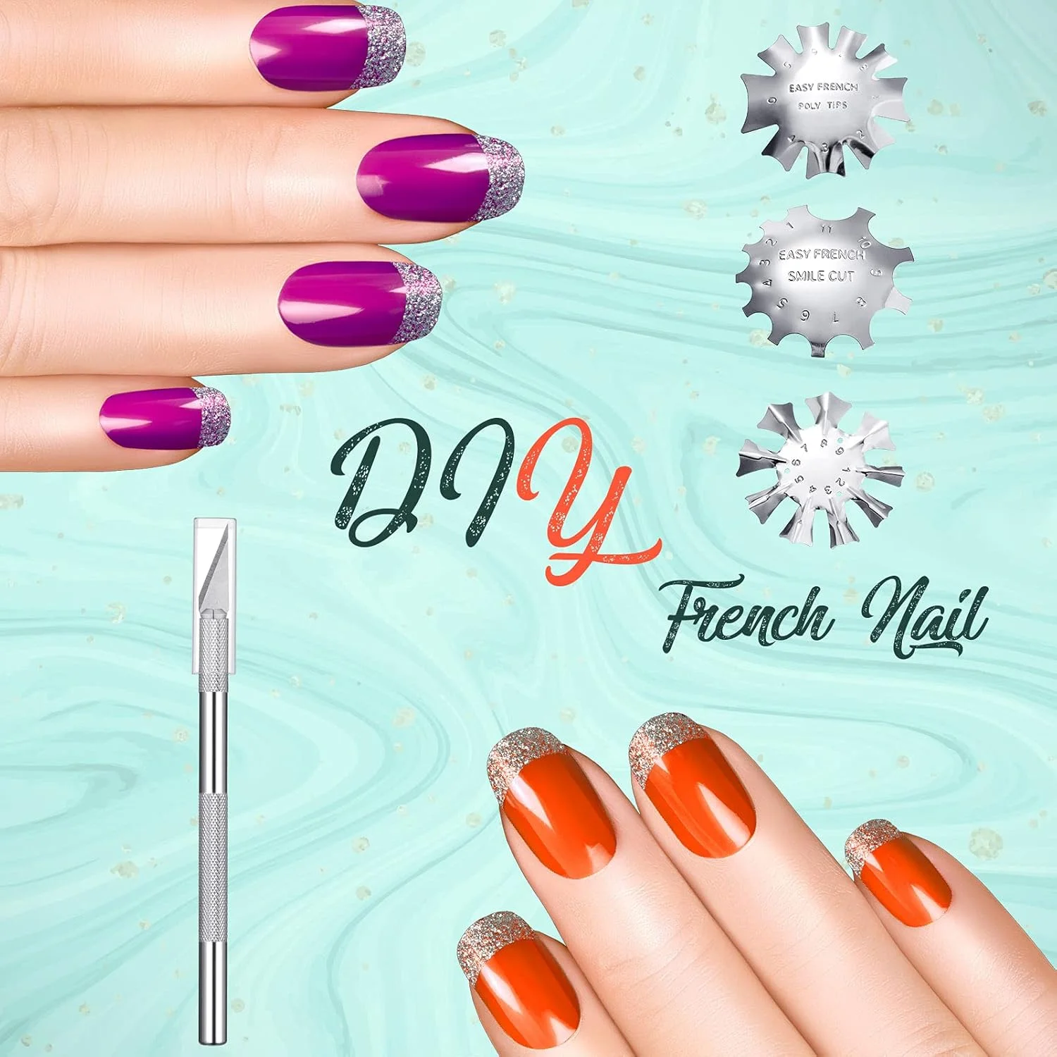 مایتیس 3 تکه ابزار طراحی ناخن فرانسوی، برش خط لبخند، استیل ضد زنگ، قالب طراحی ناخن فرانسوی با دسته، چاقوی برش ناخن فرانسوی، 5 تیغه یدکی برای ناخن (نقره ای)