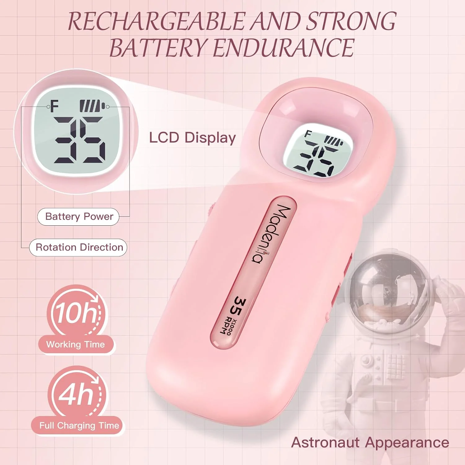 دستگاه سوهان برقی ناخن ژلی مادنیا، 35000 دور در دقیقه، بی سیم، صورتی