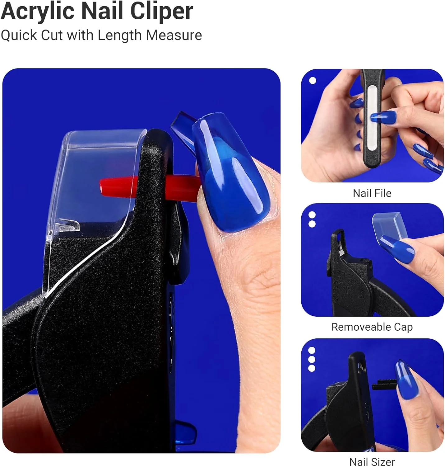 ناخن گیر AIRSEE برای ناخن های اکریلیک با سایزر و گیره، کاتر قابل تنظیم نوک ناخن با اندازه گیری طول، تریمر اکستنشن اکریلیک مصنوعی، ابزار مانیکور خانگی سالن طراحی ناخن مشکی