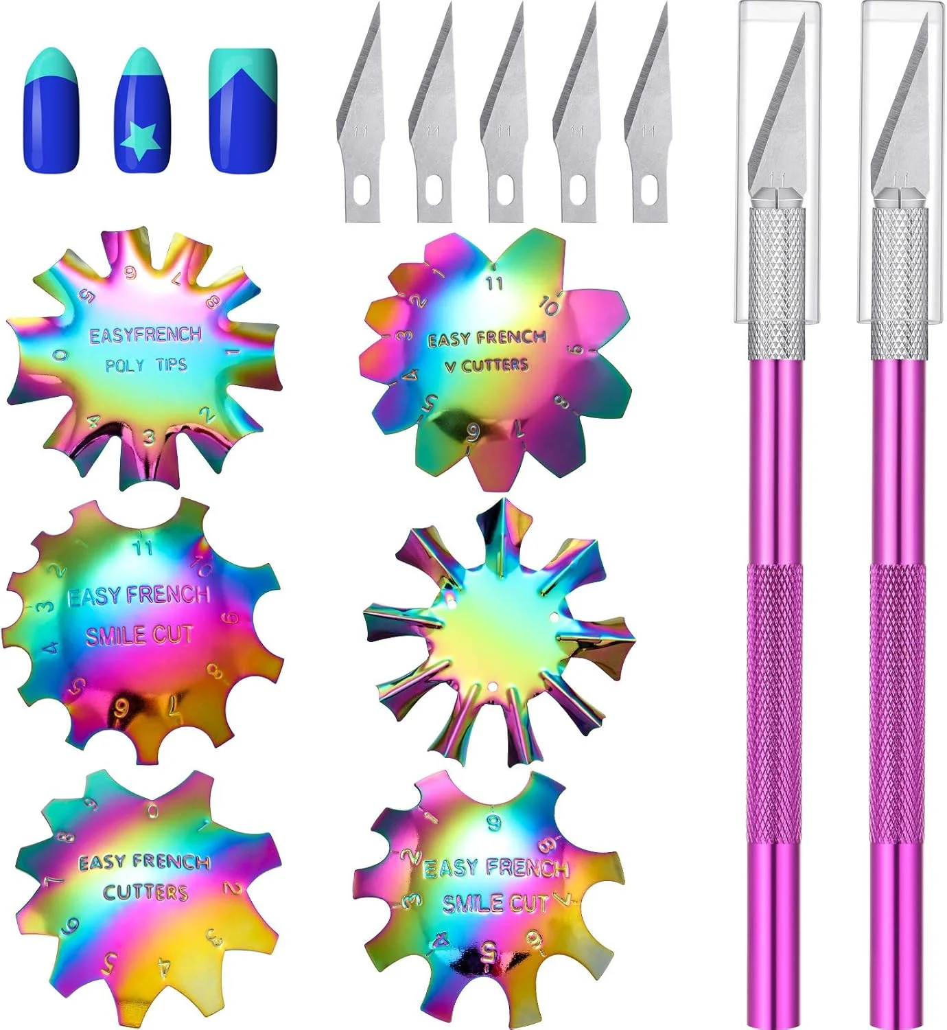 ست ۱۳ عددی ابزار طراحی فرنچ ناخن اکریلیک، شامل ۶ عدد کاتر خط لبخند استیل ضد زنگ، ابزار مانیکور لبه ناخن، قالب DIY به همراه ۲ عدد چاقوی برش فرنچ و ۵ عدد تیغه یدکی (رنگارنگ)