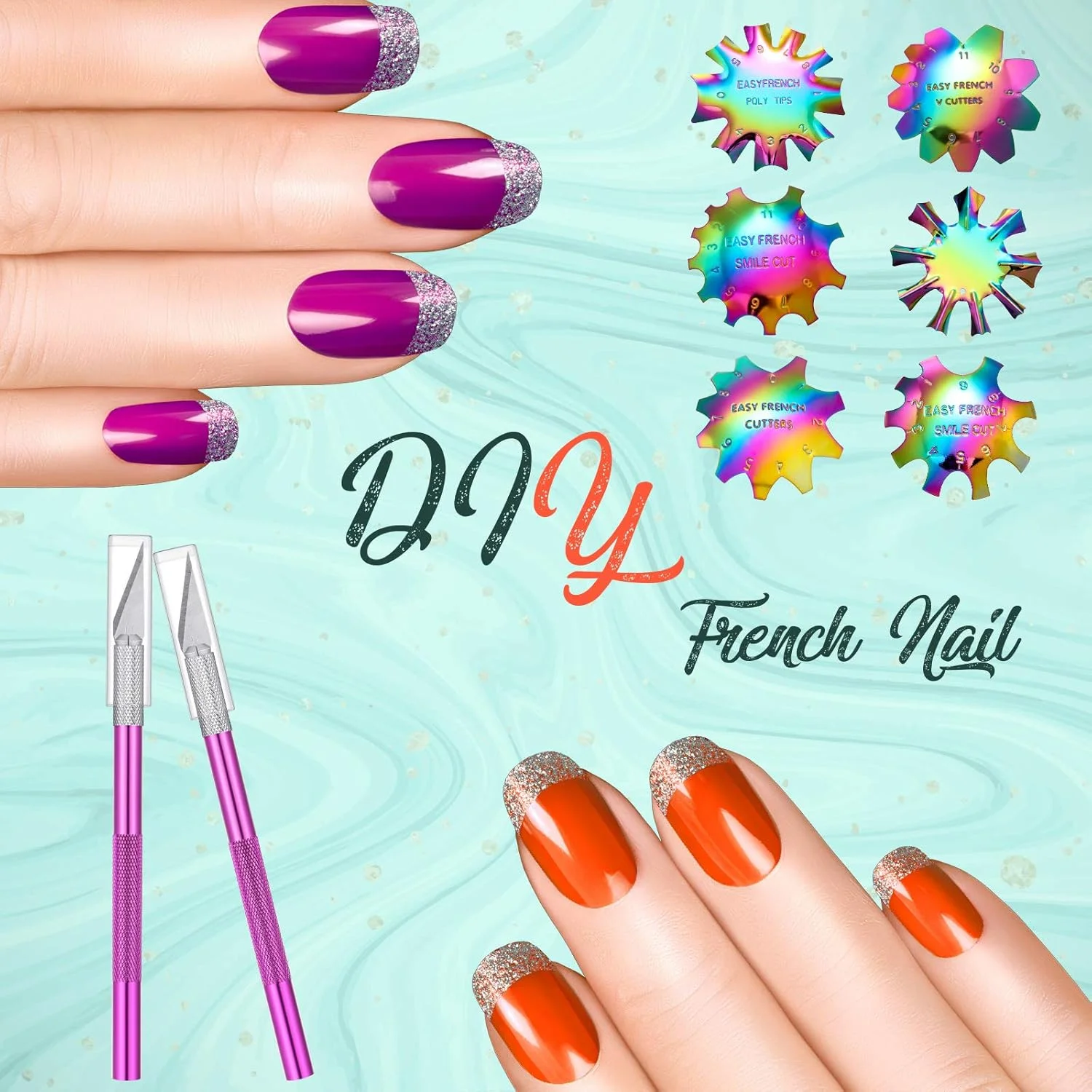 ست ۱۳ عددی ابزار طراحی فرنچ ناخن اکریلیک، شامل ۶ عدد کاتر خط لبخند استیل ضد زنگ، ابزار مانیکور لبه ناخن، قالب DIY به همراه ۲ عدد چاقوی برش فرنچ و ۵ عدد تیغه یدکی (رنگارنگ) ست ۱۳ عددی ابزار طراحی فرنچ ناخن اکریلیک، شامل ۶ عدد کاتر خط لبخند استیل ضد زنگ، ابزار مانیکور لبه ناخن، قالب DIY به همراه ۲ عدد چاقوی برش فرنچ و ۵ عدد تیغه یدکی (رنگارنگ)