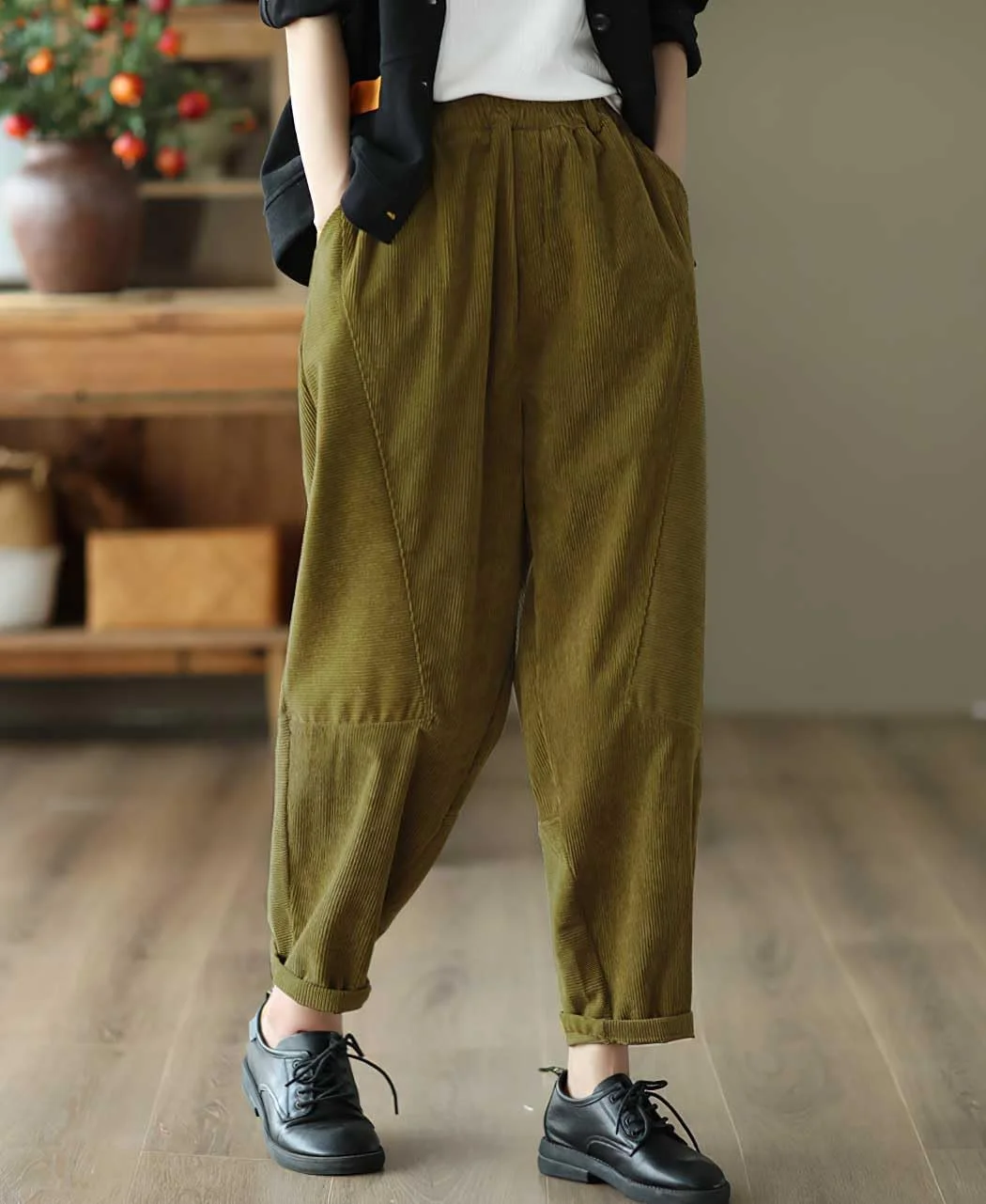 شلوار زنانه پاییزه و زمستانه چویا تو، گشاد، کبریتی، کمر کشی الاستیک، راسته با جیب، زنجبیلی، سایز S