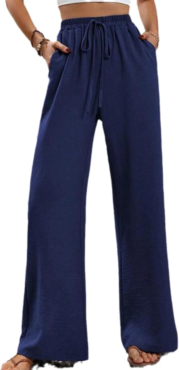 شلوار زنانه نخی پاچه گشاد Chahuer، مناسب بهار و تابستان، رنگ ثابت، غیر رسمی، کمر کشی راحت و آزاد، بند دار، سرمه ای تیره، سایز L شلوار زنانه نخی پاچه گشاد Chahuer، مناسب بهار و تابستان، رنگ ثابت، غیر رسمی، کمر کشی راحت و آزاد، بند دار، سرمه ای تیره، سایز L