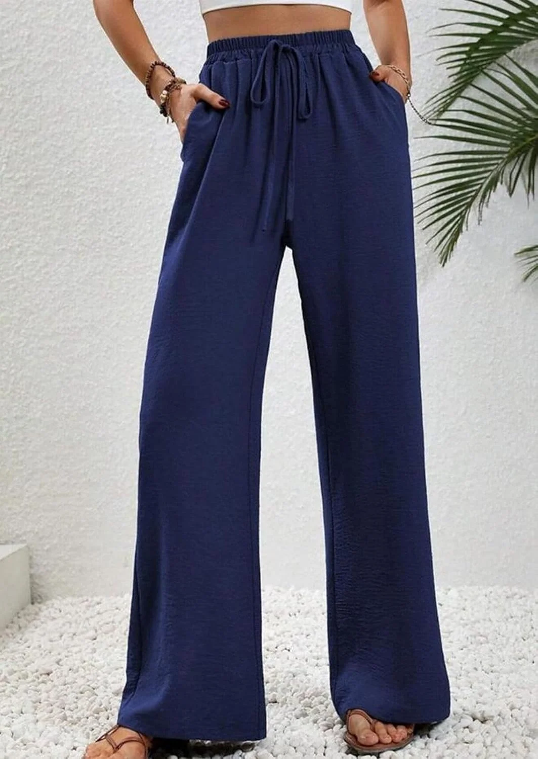 شلوار زنانه نخی پاچه گشاد Chahuer، مناسب بهار و تابستان، رنگ ثابت، غیر رسمی، کمر کشی راحت و آزاد، بند دار، سرمه ای تیره، سایز L شلوار زنانه نخی پاچه گشاد Chahuer، مناسب بهار و تابستان، رنگ ثابت، غیر رسمی، کمر کشی راحت و آزاد، بند دار، سرمه ای تیره، سایز L