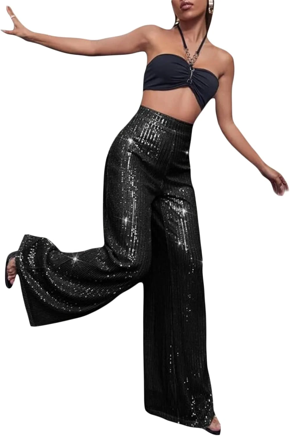 شلوار پولکی زنانه Caziffer، شلوار دمپا گشاد، شلوار مجلسی براق، شلوار کمر بلند گشاد و درخشان مناسب مهمانی و کلاب