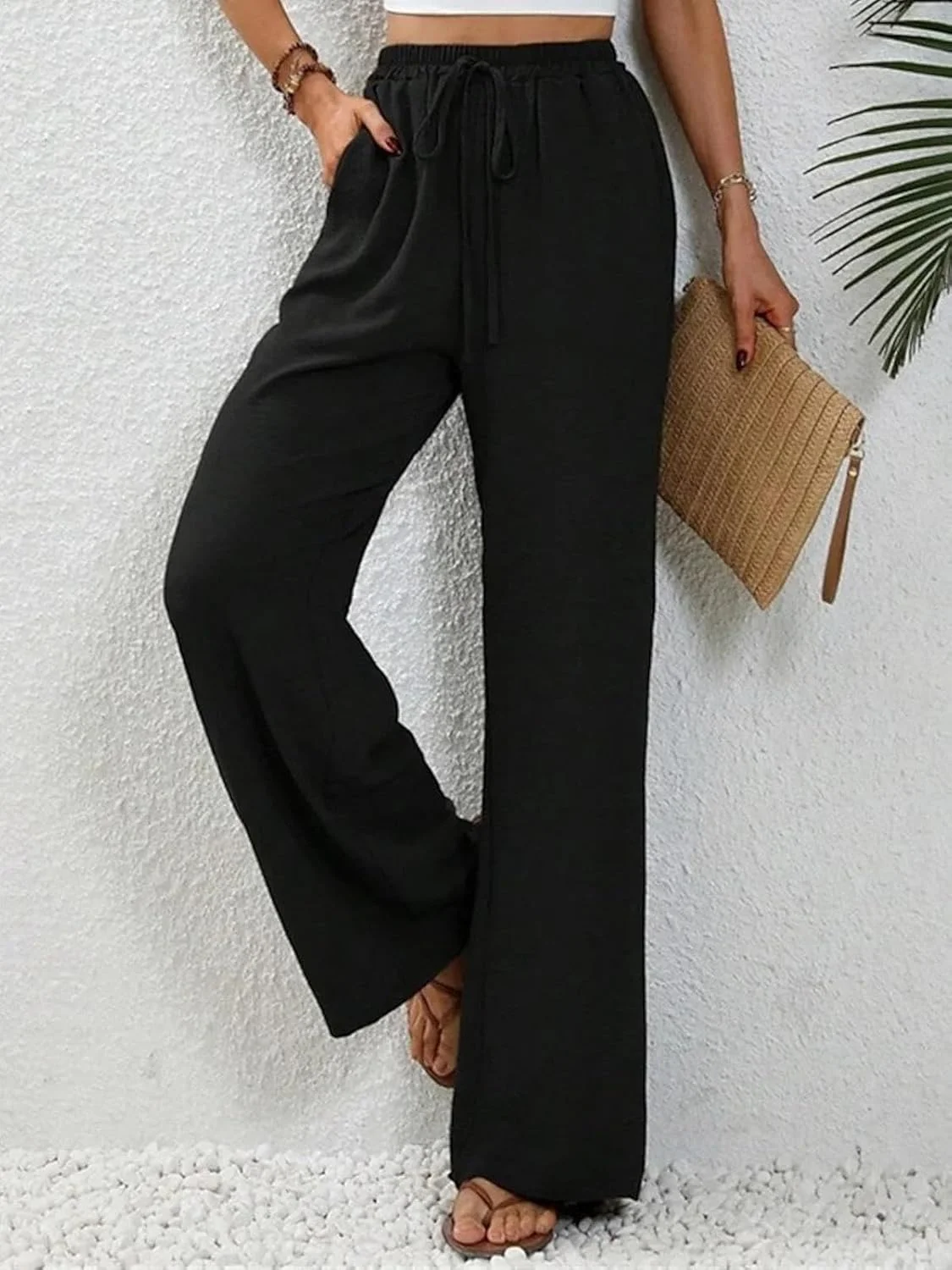 شلوار زنانه نخی پاچه گشاد Chahuer، مناسب بهار و تابستان، رنگ ثابت، غیر رسمی، کمر کشی راحت و آزاد، بند دار، سرمه ای تیره، سایز L شلوار زنانه نخی پاچه گشاد Chahuer، مناسب بهار و تابستان، رنگ ثابت، غیر رسمی، کمر کشی راحت و آزاد، بند دار، سرمه ای تیره، سایز L