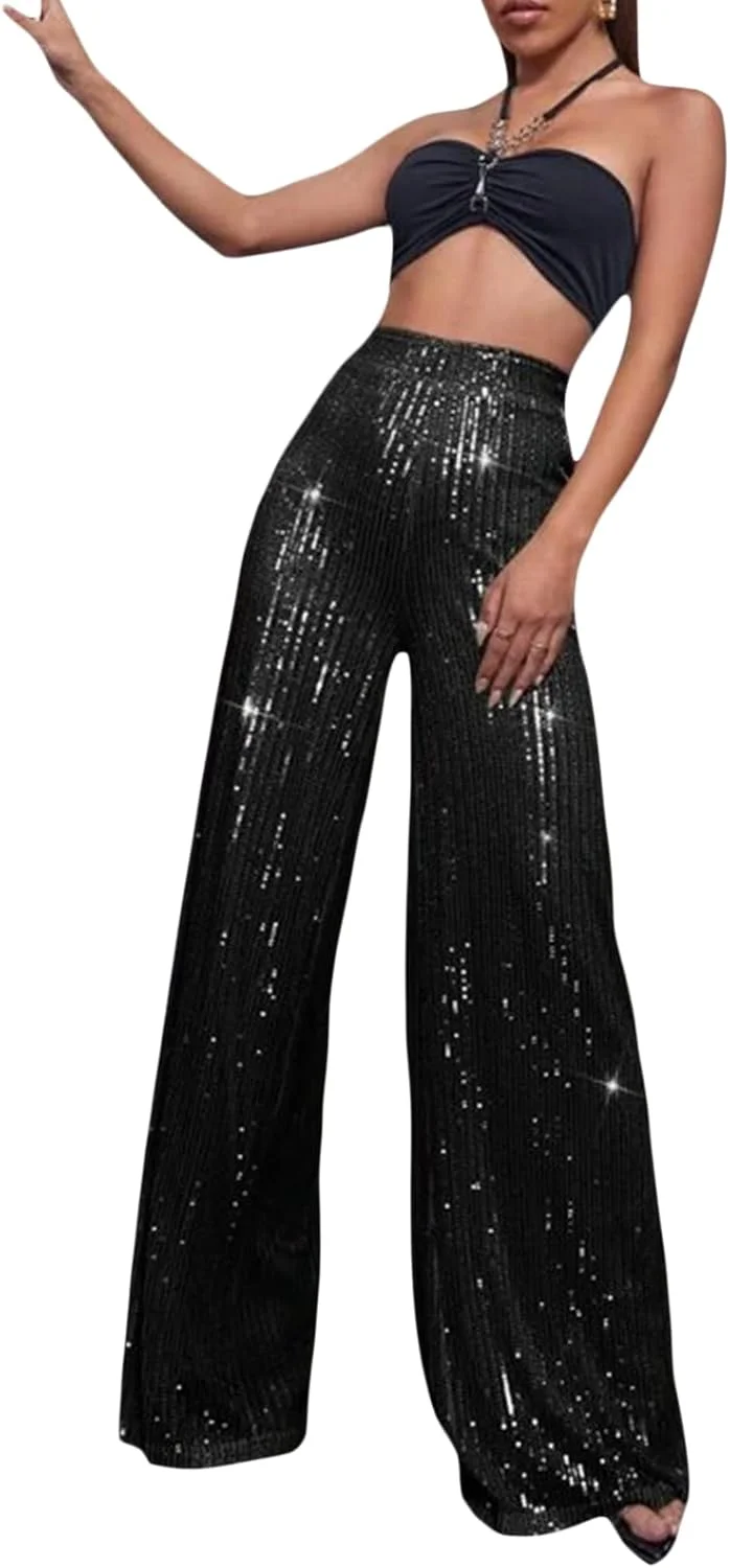 شلوار پولکی زنانه Caziffer، شلوار دمپا گشاد، شلوار مجلسی براق، شلوار کمر بلند گشاد و درخشان مناسب مهمانی و کلاب