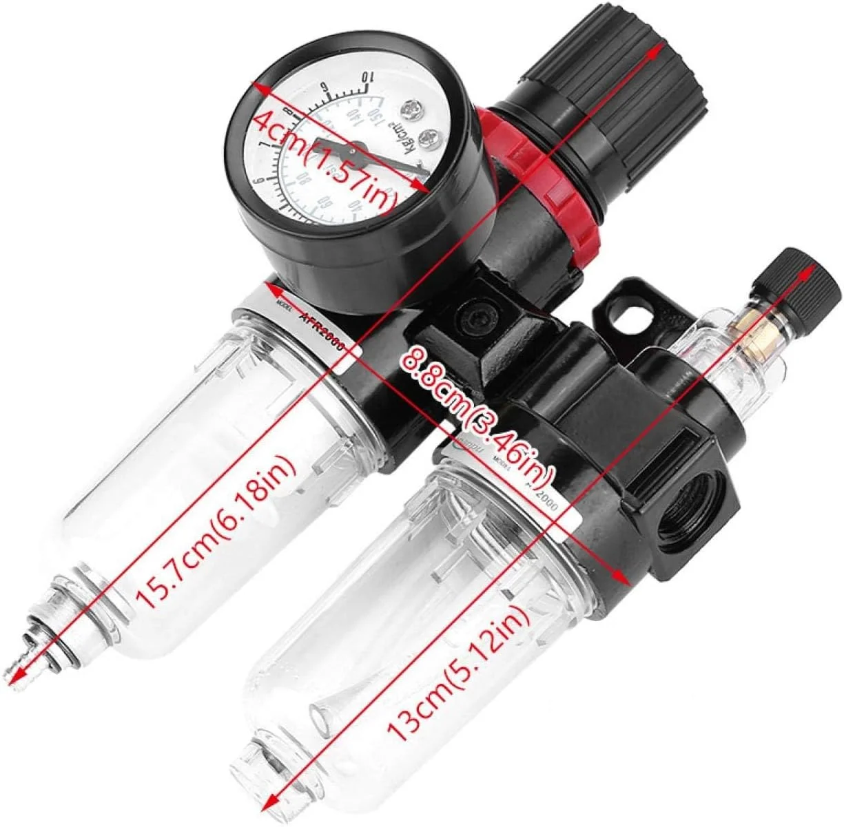 جداکننده تله آب/روغن 1/4 اینچ NPT KASTWAVE، سیستم ابزار بادی جداکننده آب و روغن، فیلتر فشار هوای کمپرسور، تنظیم کننده پنوماتیک، روغن زن، شیر تخلیه رطوبت تله آب (0-213psi)